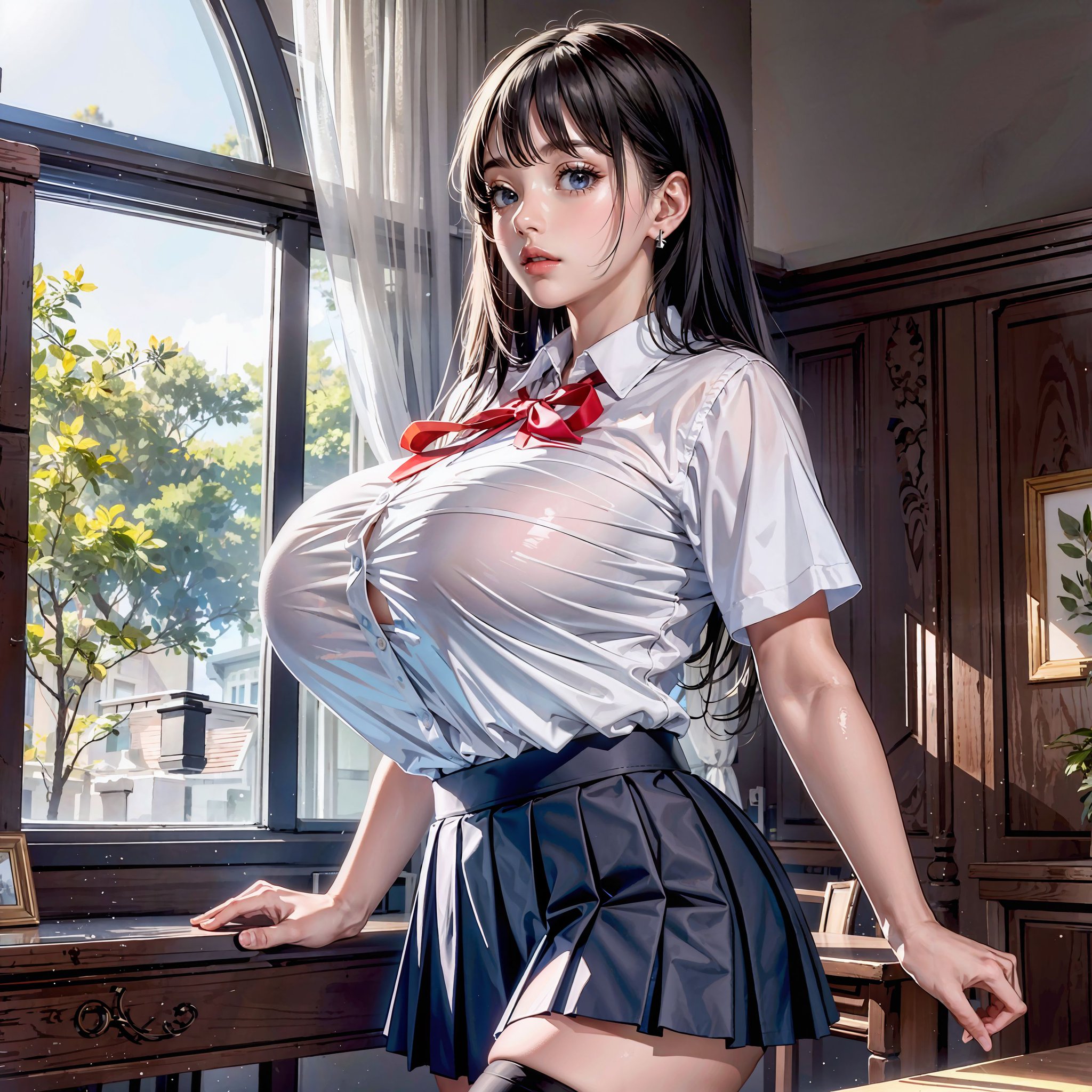 1girls, ai generated, bangs, black hair, black thighhighs, blue eyes, blue skirt, bow, bowtie, bra visible through clothes, breasts, bursting breasts, button gap, collared shirt, cowboy shot, curtains, curvaceous, curvy body, curvy female, day, dress shirt, earrings, female, female focus, female only, highres, huge breasts, indoors, jewelry, large breasts, lips, long hair, looking at viewer, miniskirt, parted lips, plant, pleated skirt, red bow, red bowtie, ribbon, school uniform, schoolgirl, see-through, shirt, shirt tucked in, short sleeves, skindentation, skirt, solo, stable diffusion, standing, table, taut clothes, thighhighs, tree, voluptuous, voluptuous female, white shirt, window, zettai ryouiki