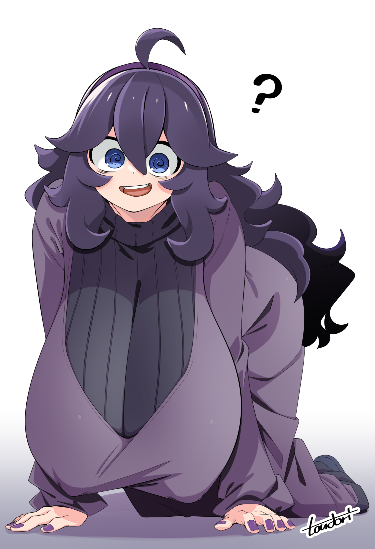 ?, 1girls, adorable, big breasts, blue eyes, breasts, breasts bigger than head, crawling, cute, dress, female, game freak, gradient background, hanging breasts, happy, hex maniac, huge breasts, large breasts, looking at viewer, messy hair, nintendo, on knees, pokemon, pokemon xy, purple hair, purple nails, smile, solo, toudori