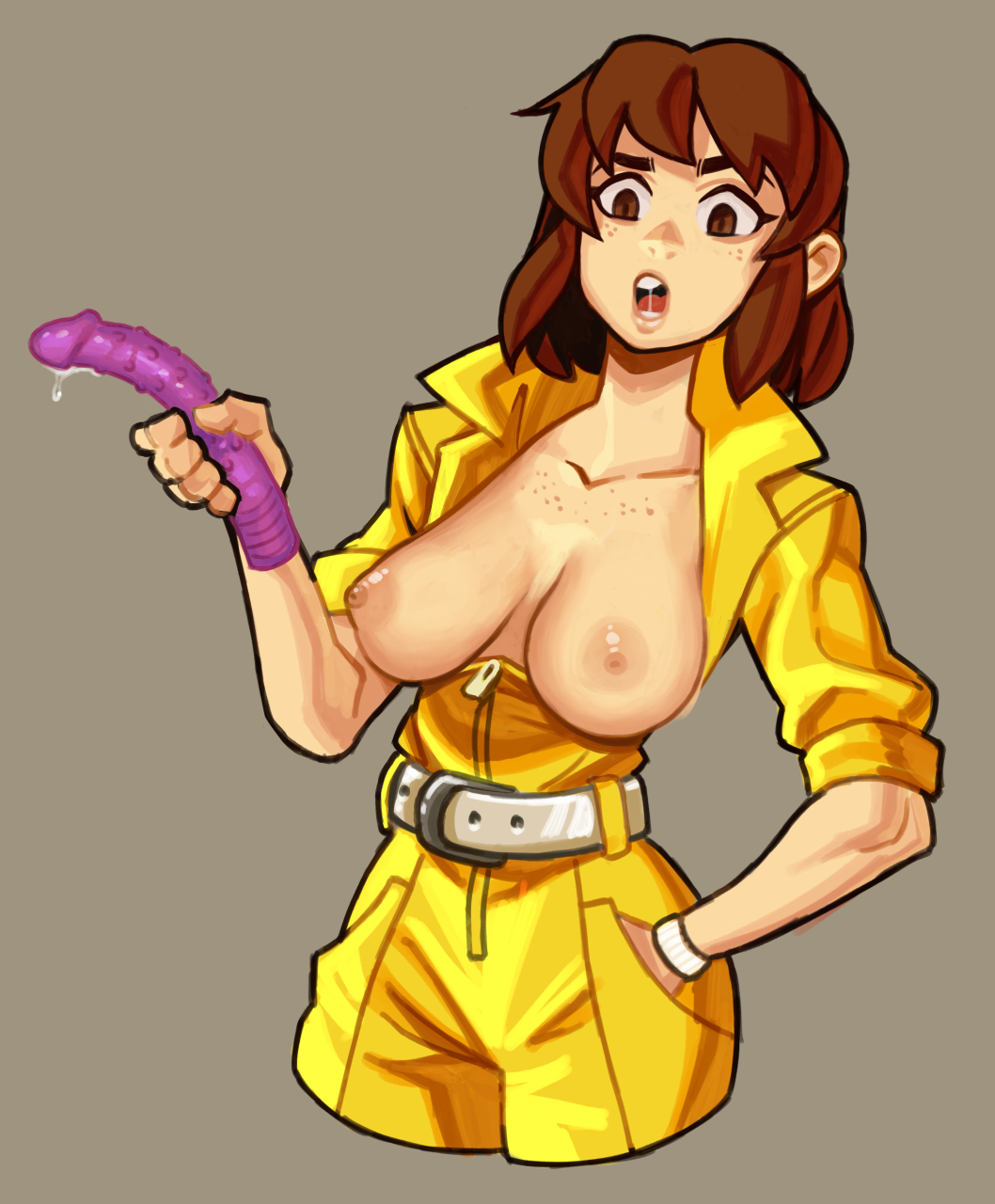 1girls april_o'neil april_o'neil_(tmnt_1987) belt breasts_out dildo female human jumpsuit medium_breasts pale_skin short_hair sineprin solo teenage_mutant_ninja_turtles wristwear