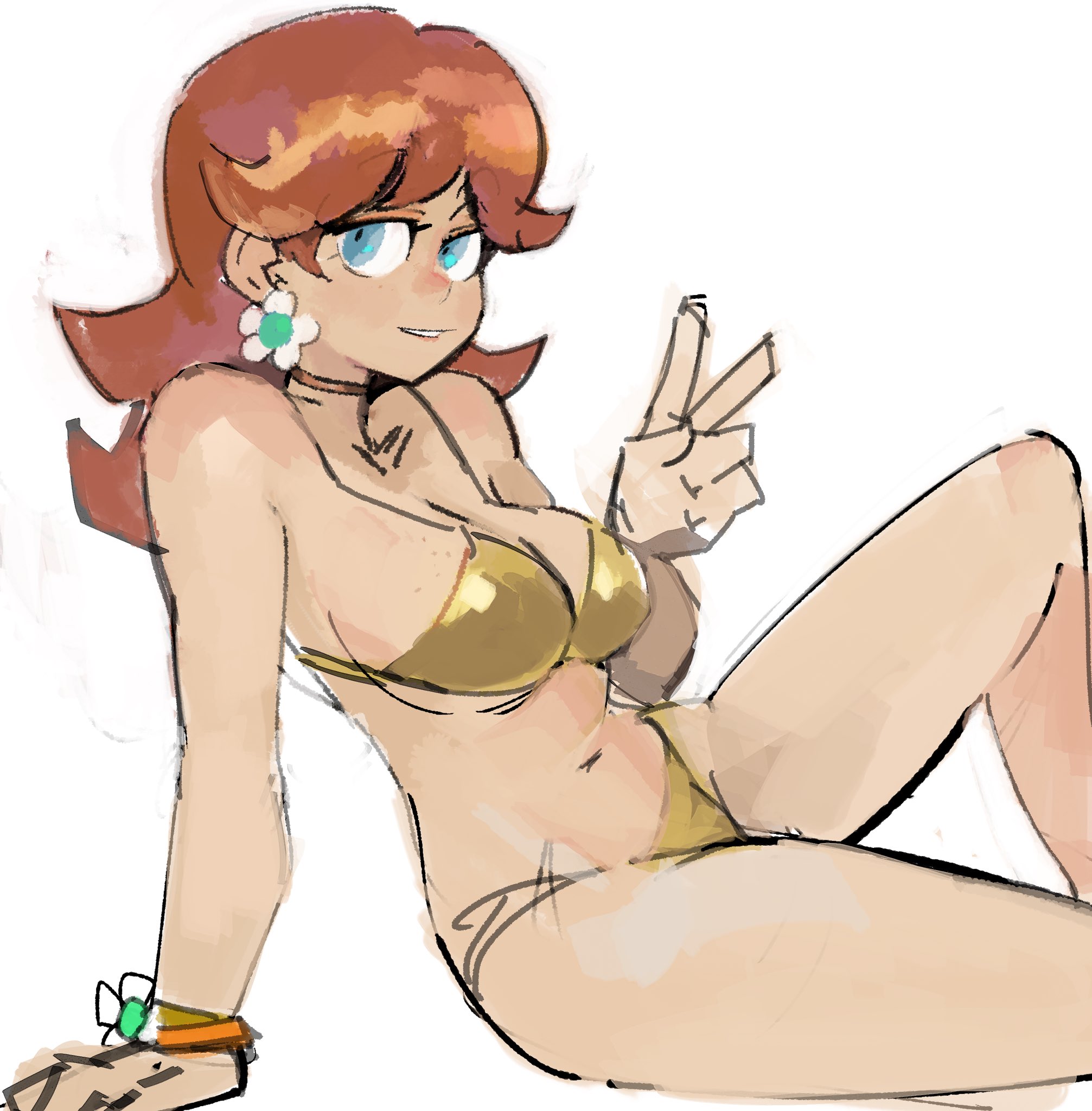 1girls, 33dot, arm support, big breasts, bikini, blue eyes, bracelet, breasts, brown hair, busty, choker, cleavage, earrings, eyelashes, female, flower earrings, gold bikini, hi res, large breasts, legs, light smile, long hair, looking at viewer, looking to the side, mario (series), navel, nintendo, nose blush, one leg up, parted lips, pinup, pose, posing, princess, princess daisy, short hair, sitting, smile, solo, solo female, thighs, v, white background