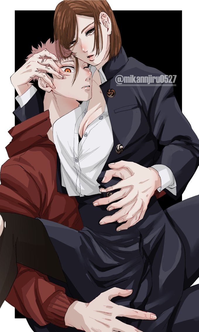 1boy, 1girls, arm around partner, arm around waist, arms around partner, brown hair, brown-haired female, cleavage, female, hand in hair, hand on another's head, hand on face, hand on hand, hand on head, hand on waist, hugging, itadori yuuji, jujutsu kaisen, kugisaki nobara, male, on lap, open clothes, pink hair, pink-haired male, sitting on lap, uniform