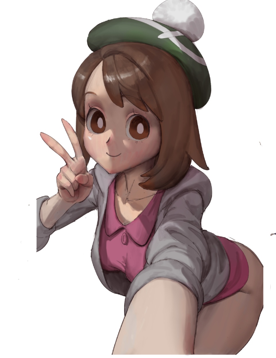 1girls, clothing, female, female focus, female only, gloria (pokemon), hat, human, looking at viewer, pale skin, pokemon, simple background, solo, solo female, solo focus, white background, wjs07