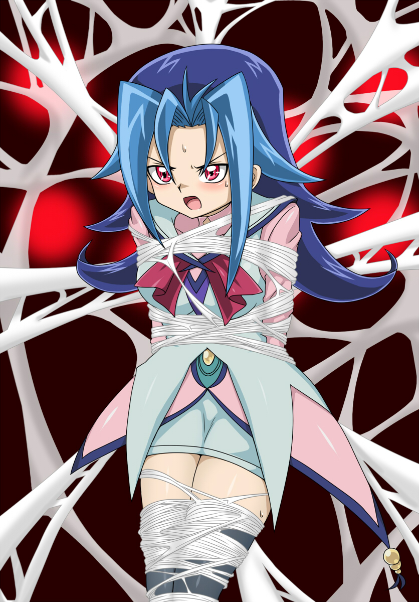 blue_hair blush bondage clothing female glaring kamishiro_rio legwear red_eyes rio_kamishiro sanipan10 solo spider_web sweatdrop yu-gi-oh! yu-gi-oh!_zexal