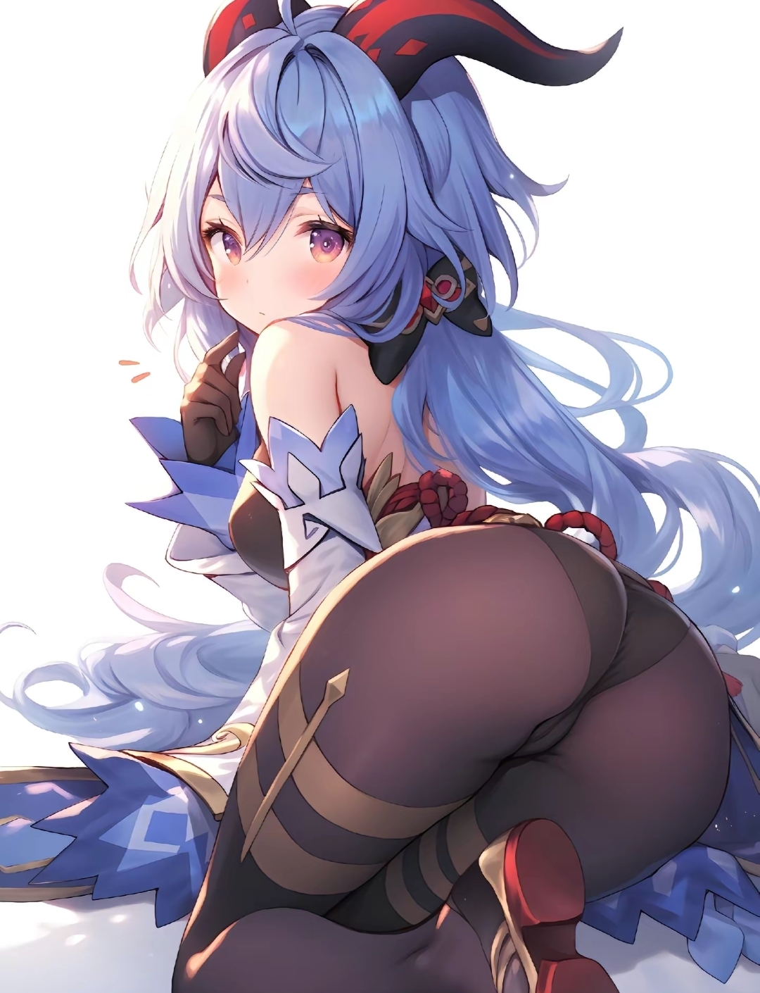 ahoge, ai generated, ass, bare shoulders, blue hair, blush, bodysuit, breasts, cameltoe, detached sleeves, female, from behind, ganyu (genshin impact), genshin impact, gloves, goat horns, horns, leotard, long hair, looking at viewer, looking back, medium breasts, pantyhose, pussy, red eyes, shiny, shiny clothes, shiny hair, shiny skin, sideboob, solo, very long hair
