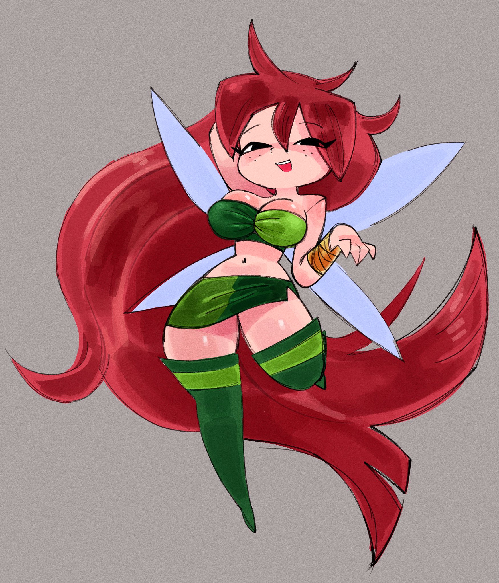 1girls, betilla (rayman), cleavage, fairy, fairy wings, female, flying, green skirt, jublee art, nymph (rayman), rayman (series), rayman origins, red hair, seductive look, simple background, smile, solo female, ubisoft, wings