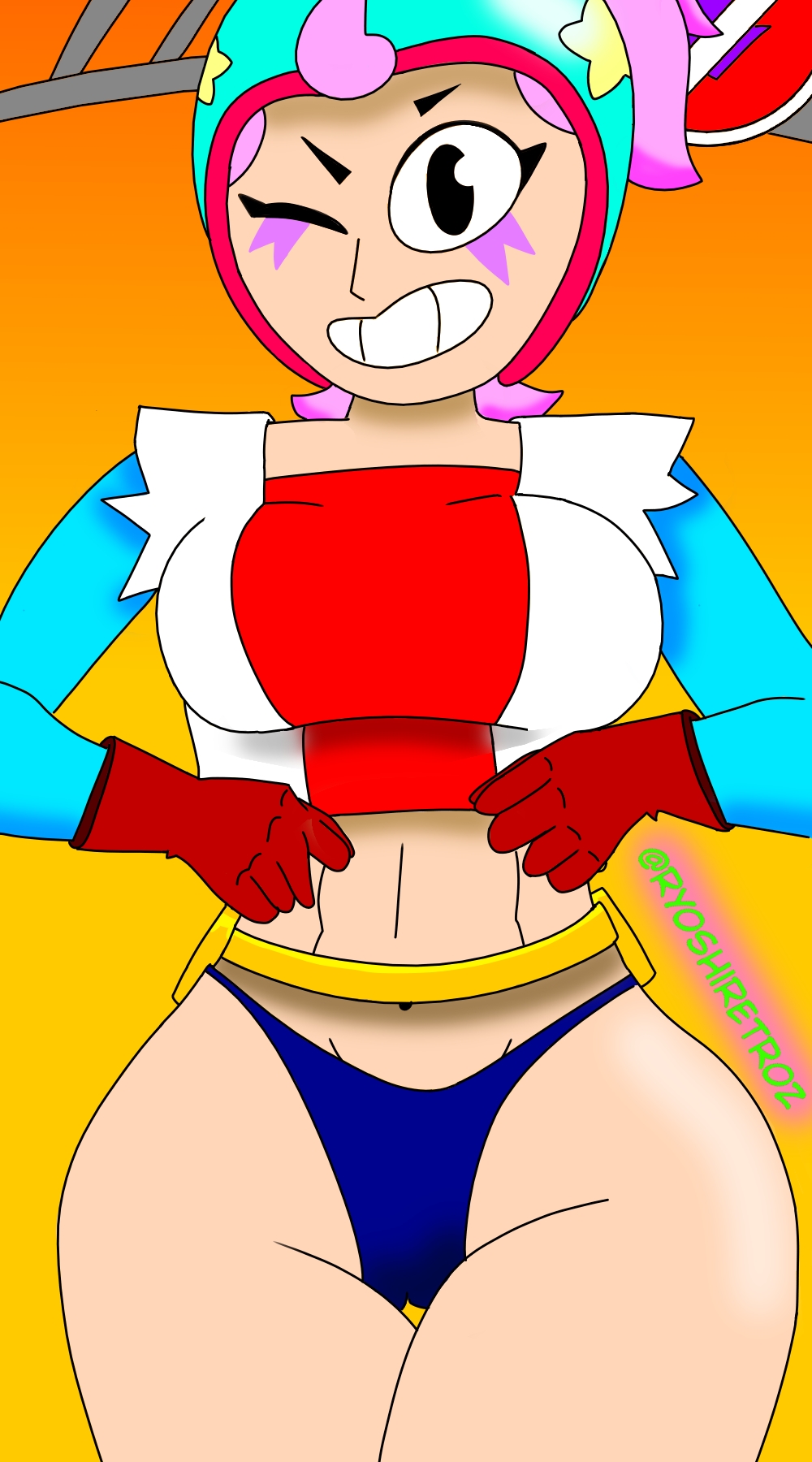 1girls abdomen blue_panties brawl_stars female huge_thighs janet_(brawl_stars) make-up pink_hair ryoshiretroz