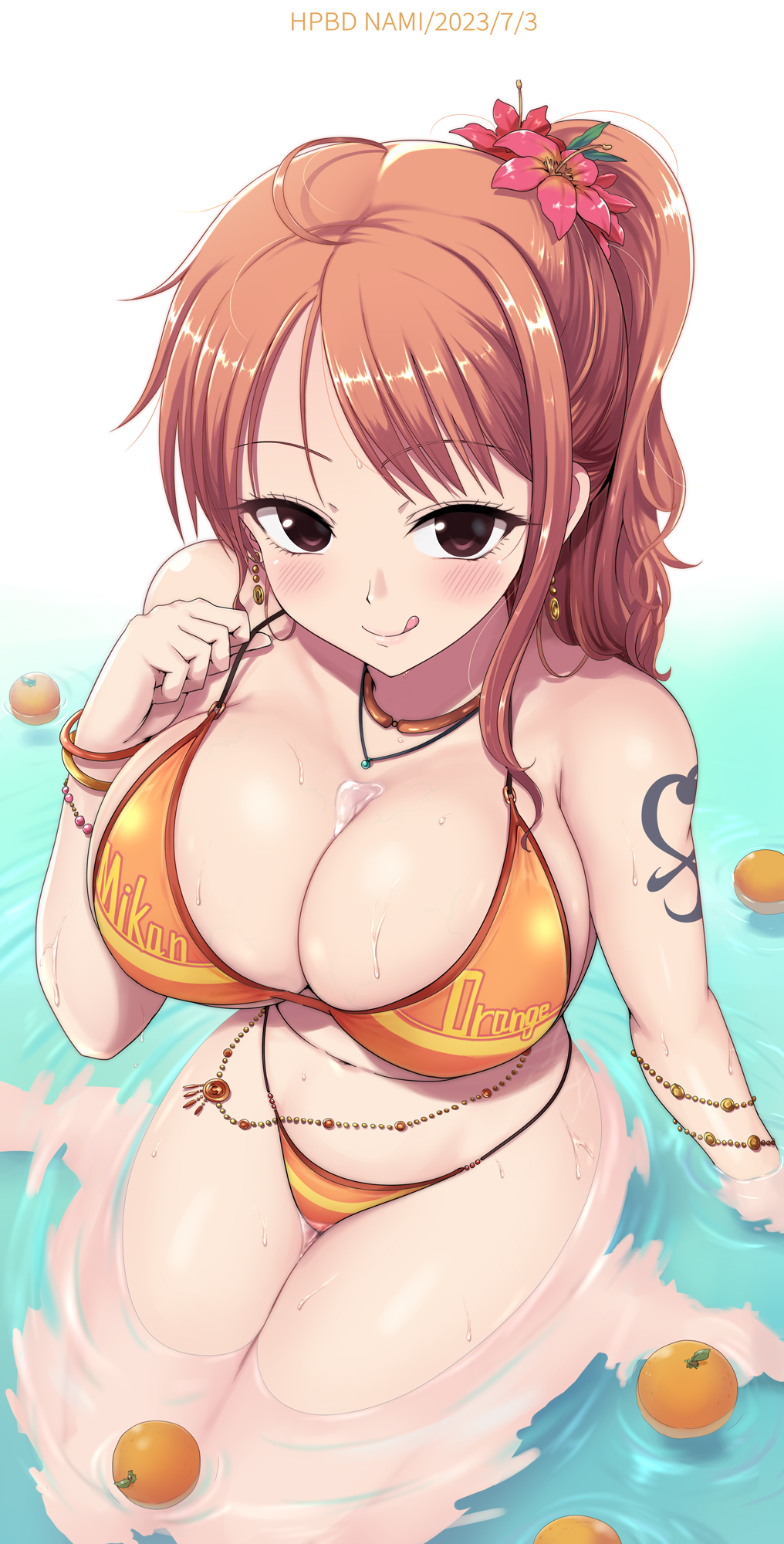 1girls, arm tattoo, bikini, blue tattoo, breasts, cleavage, female, female only, huge breasts, kasai shin, light skin, light-skinned female, long hair, nami (one piece), one piece, orange hair, orange-haired female, outdoors, post-timeskip, pussy, tangerine (fruit), tattoo, thick thighs, vaginal sex, water, wet, wet body