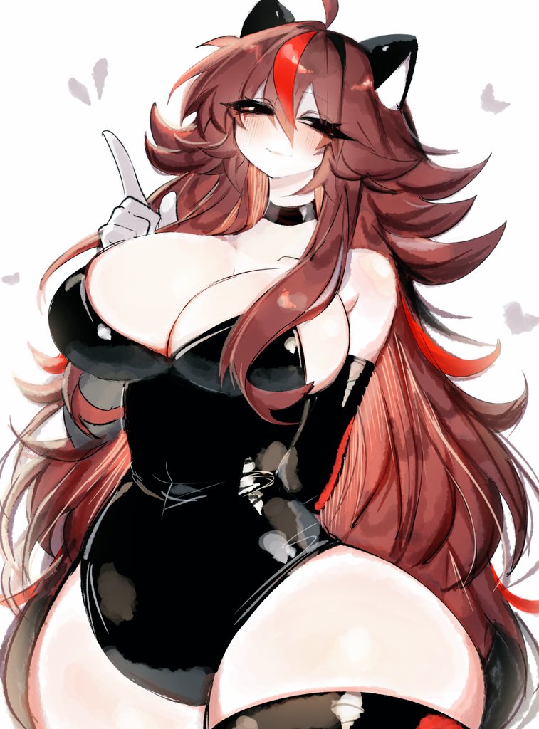 ahoge animal_ears auburn_hair blush choker friday_night_funkin girlfriend_(friday_night_funkin) heart highlights_(coloring) large_breasts leotard long_hair mega_cd_girlfriend red_highlights shadow_the_hedgehog_(cosplay) smile sonic_(series) tagme thick_thighs thighhighs usa37107692 white_background