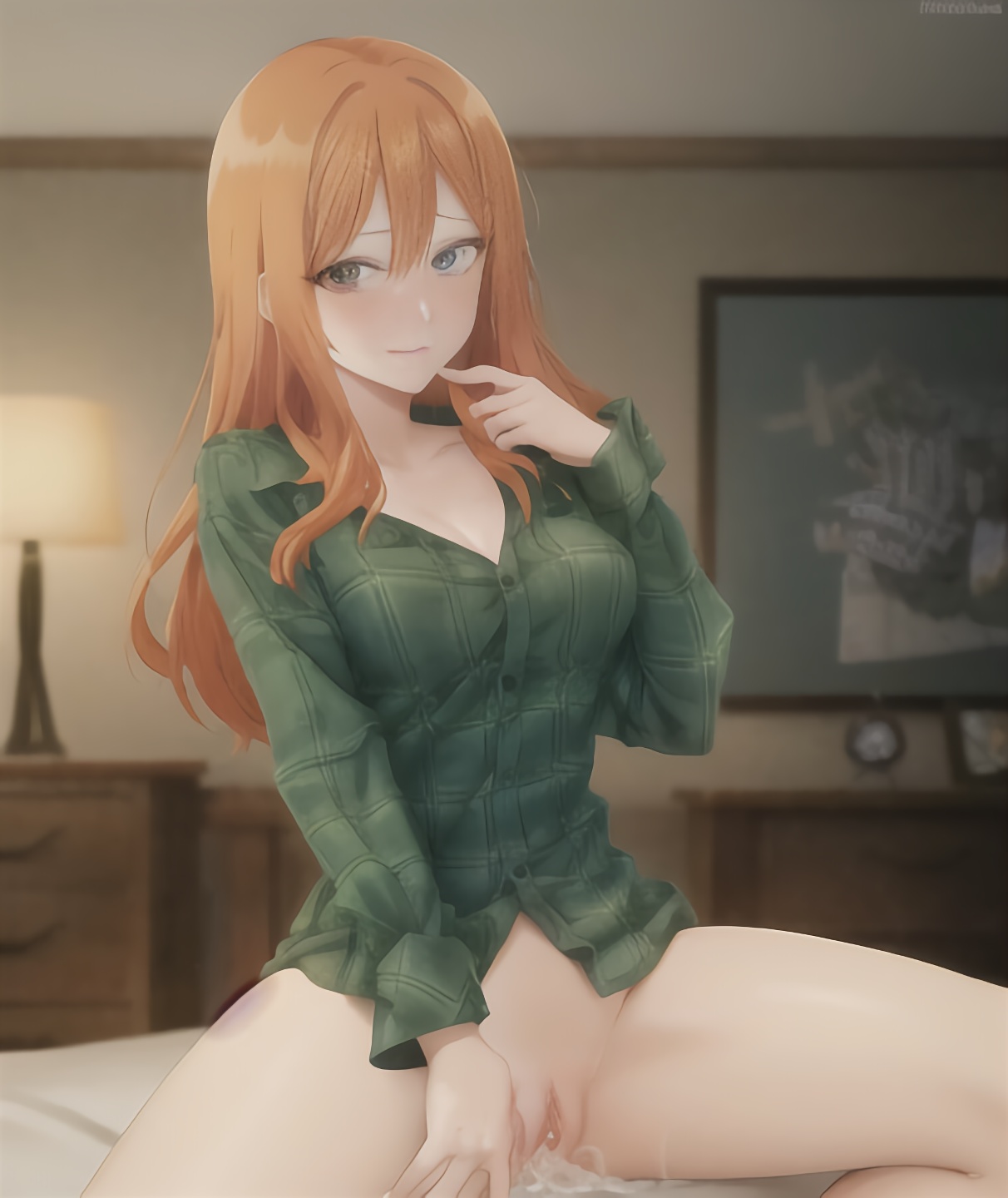 ai generated, cum, cum in pussy, cum inside, cum on bed, cum pool, cum puddle, disney, exposed pussy, female, gravity falls, green shirt, hotel, looking away, orange hair, pussy, shy, wendy corduroy