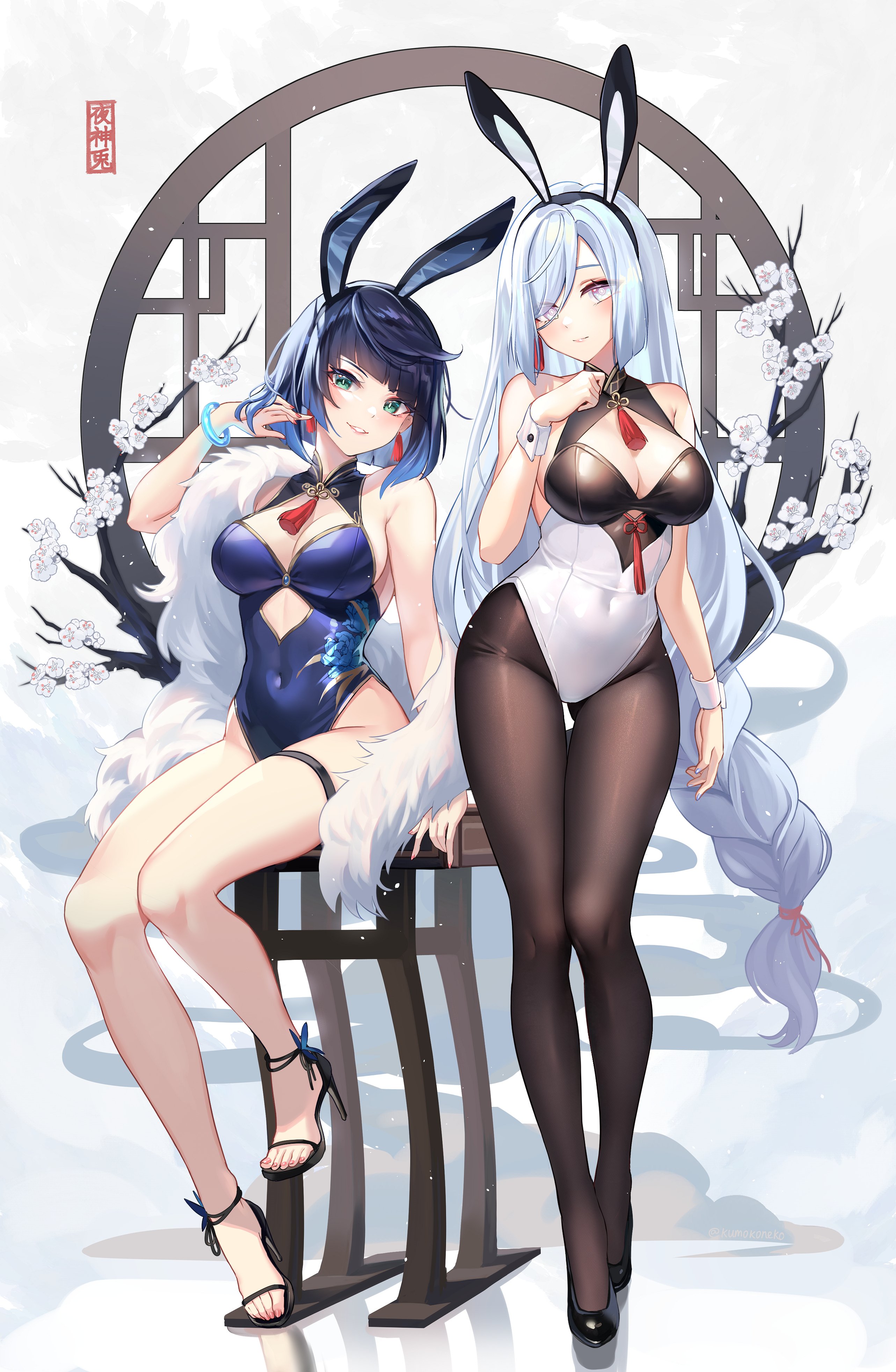 blue bunnysuit, blue hair, bunnysuit, female, genshin impact, green eyes, high heels, lalazyt, leotard, looking at viewer, pantyhose, shenhe (genshin impact), smiling, smiling at viewer, tagme, white background, white bunnysuit, white hair, yelan (genshin impact)