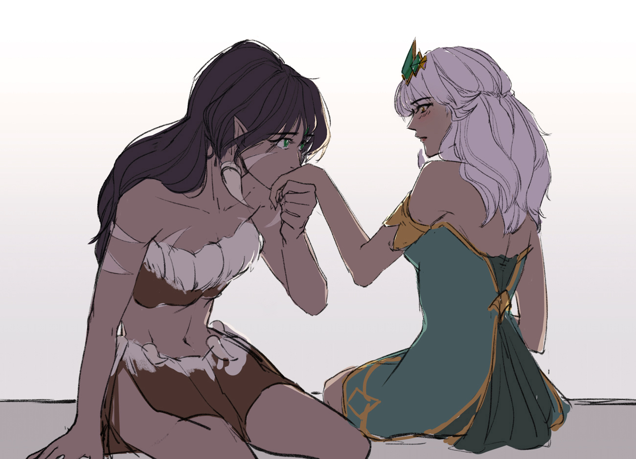 2d, 2d (artwork), 2girls, black hair, dark skin, female, fully clothed, gem on forehead, green eyes, green-eyed female, jewel on forehead, kissing hand, league of legends, nidalee, orange eyes, orange-eyed female, qiyana yunalai, riot games, shroommob, simple background, tanned skin, tribal markings, tribal tattoo, tribal tattoos, white hair, wholesome, yuri