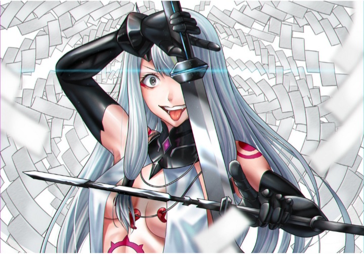 blade cleavage cleavage_cutout himiko_(majo_taisen) latex_gloves majo_taisen silver_hair sword tagme tattoo tongue tongue_out