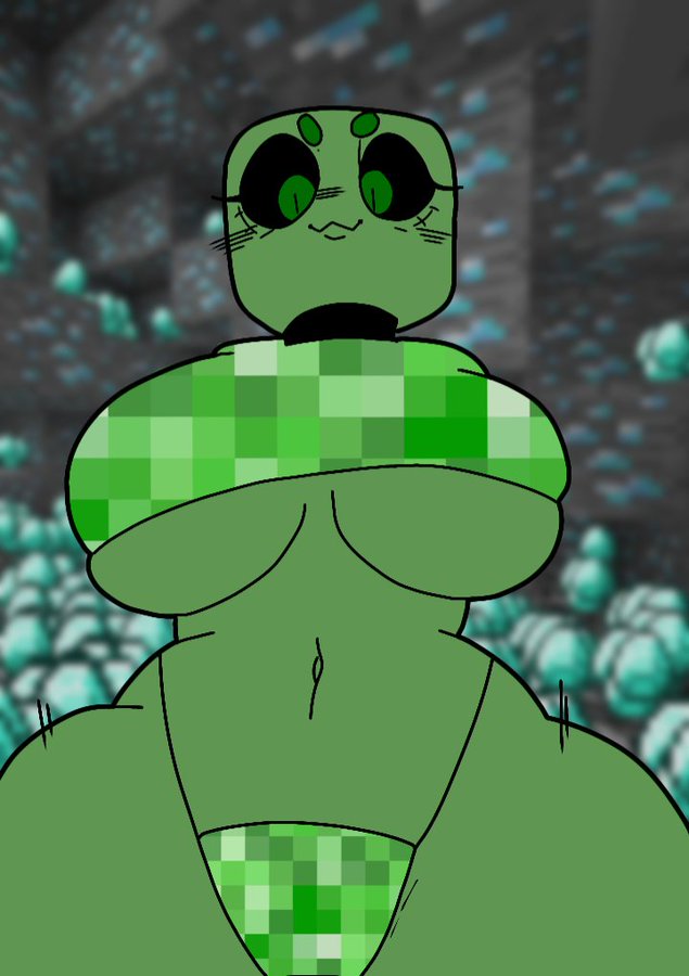 1girls, big breasts, breasts, creeper, eyebrows, eyelashes, female, female only, green body, green eyes, green skin, large breasts, looking at viewer, looking down, minecraft, navel, no arms, solo, solo female, solo focus, thick thighs, thighs, videogamedunky, wide hips