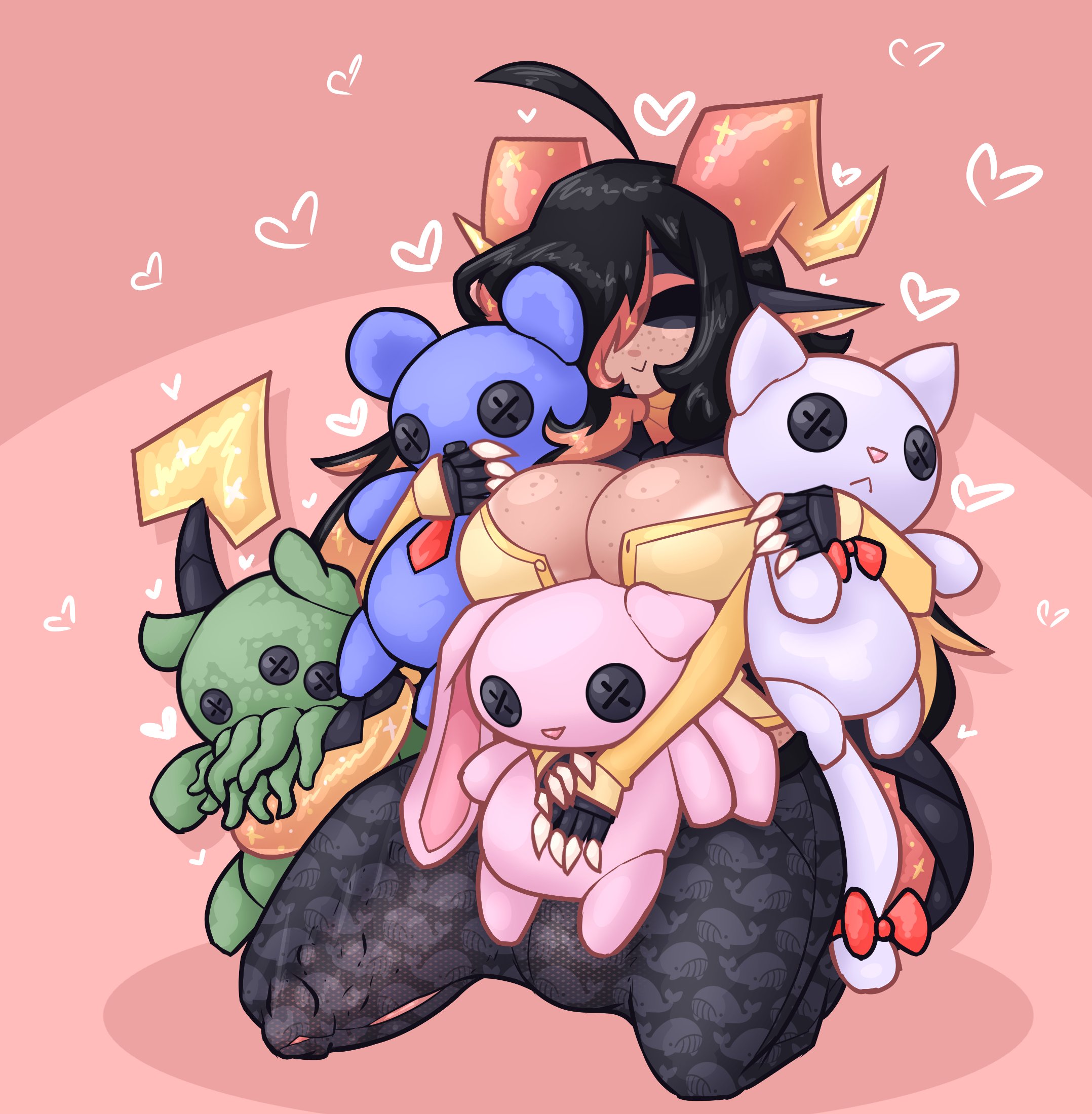 1futa, 4 arms, balls, big breasts, black hair, breasts, bulge, clothed, clothing, erection, freckles, fully clothed, futa only, futanari, horns, huge balls, huge cock, hugging, humanoid, intersex, kneeling, limebreaker, long hair, multi arm, multi limb, orange eyes, orange highlights, original, penis, penis outline, plushie, pointy ears, sitting, solo, sparky (limebreaker), tan, tanline, two-tone hair, wholesome