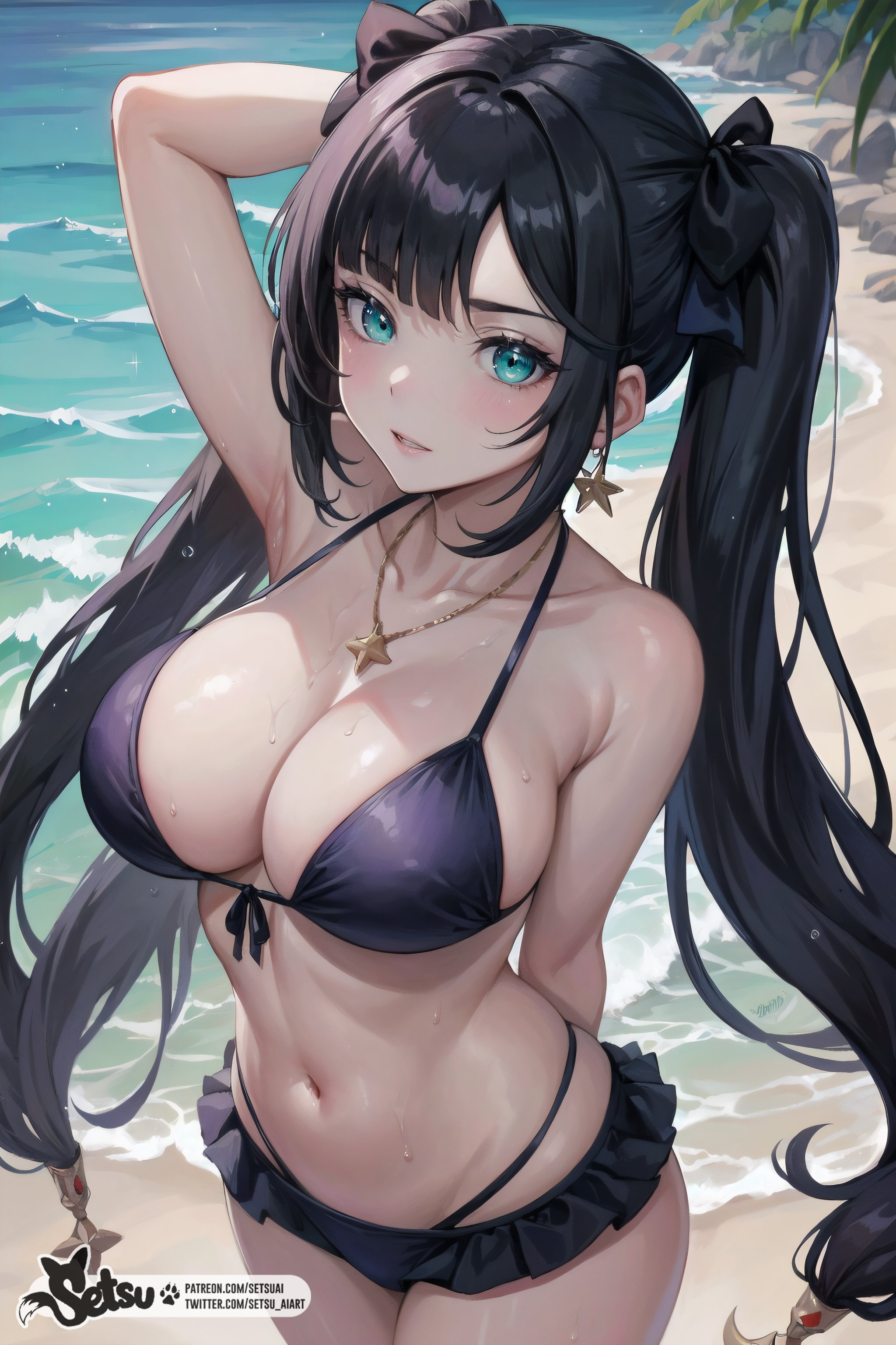 ai generated, beach, bikini, female, genshin impact, miniskirt, mona (genshin impact), shiny skin, sweat, twintails