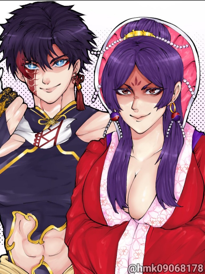 1boy 1girls asian asian_female asian_male big_breasts black_hair cleavage crossover female hmk09068178 human human_only light-skinned_female light-skinned_male light_skin majo_taisen male purple_hair qin_shi_huang_(shuumatsu_no_valkyrie) royalty shuumatsu_no_valkyrie wu_zetian_(majo_taisen)