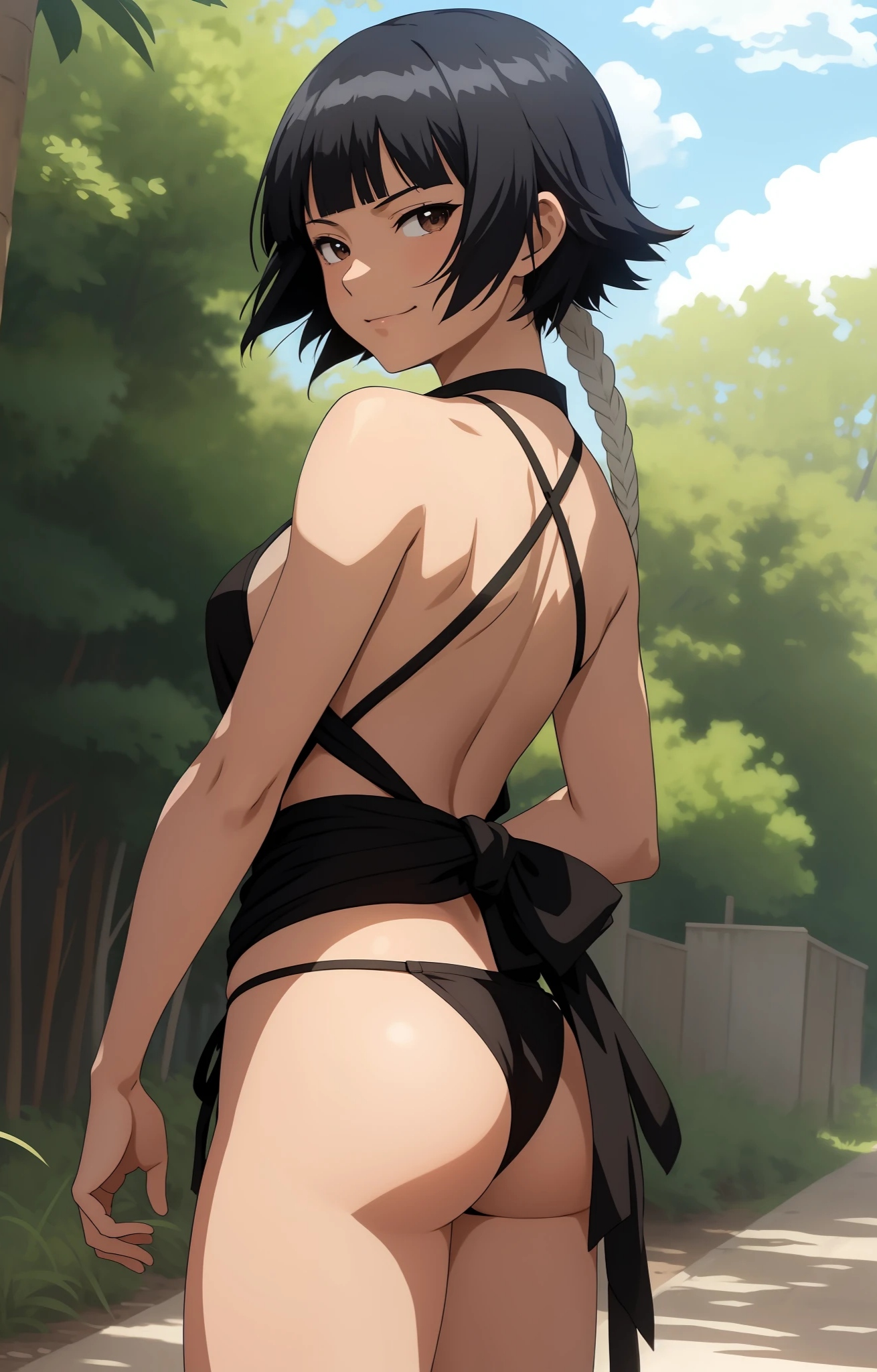 1girls, ai generated, ass, back view, bikini, black hair, bleach, blunt bangs, braids, breasts, curvaceous, female, female only, from behind, looking at viewer, looking back, nai diffusion, outdoors, petite, pinup, rear view, short hair, short hair with long locks, sideboob, smile, soifon, solo, stable diffusion, sui-feng, swimsuit, twin braids