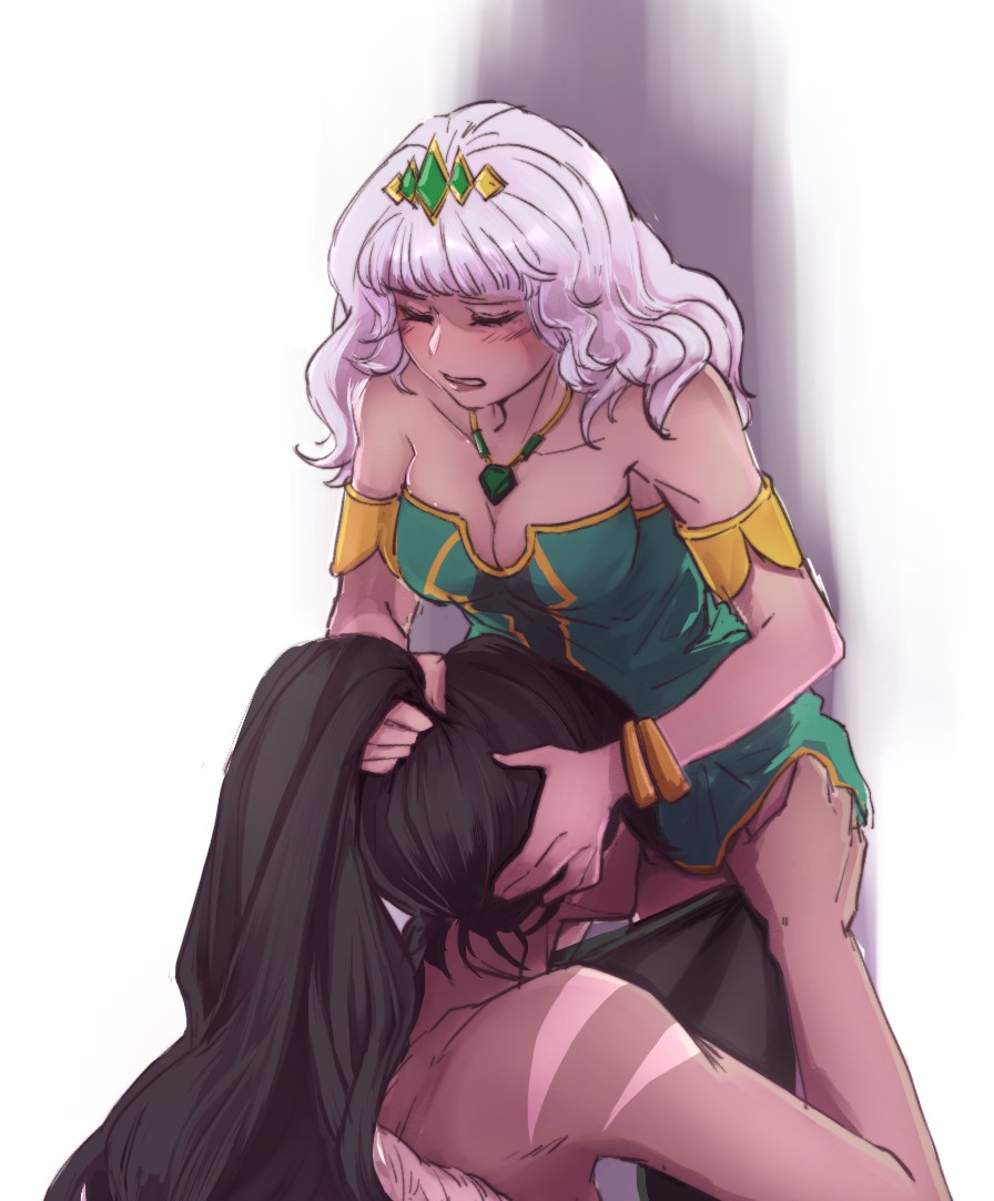 2d, 2d (artwork), 2girls, black hair, brown skin, clothed, clothed sex, cunnilingus, eating pussy, female, hand on head, league of legends, lesbian sex, multiple females, multiple girls, nidalee, ponytail, pussy, qiyana yunalai, riot games, shroommob, simple background, standing cunnilingus, tanned female, tanned skin, tribal markings, tribal tattoo, white background, white hair, yuri