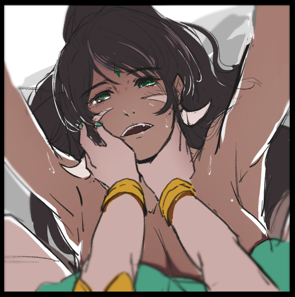 2d 2d_(artwork) black_hair brown_skin gem_on_forehead green_eyes green_eyes_female hands_on_throat implied_nudity jewel_on_forehead league_of_legends lowres nidalee partially_clothed qiyana_yunalai riot_games shroommob simple_background tanned_female tanned_skin tribal_markings tribal_tattoo tribal_tattoos yuri