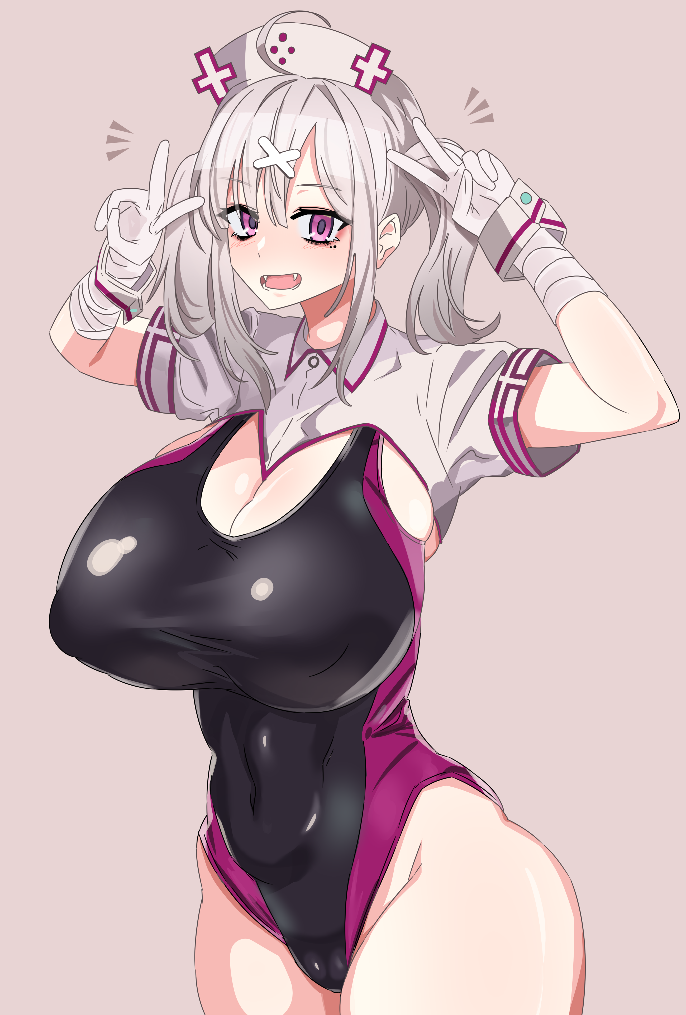 big breasts, breasts, competition swimsuit, double peace sign, enari, fangs, female, gloves, huge breasts, kana sukoya, light skin, light-skinned female, nijisanji, nurse, pink eyes, ponytails, sukoya kana, swimsuit, thick thighs, virtual youtuber, vtuber, white gloves, white hair