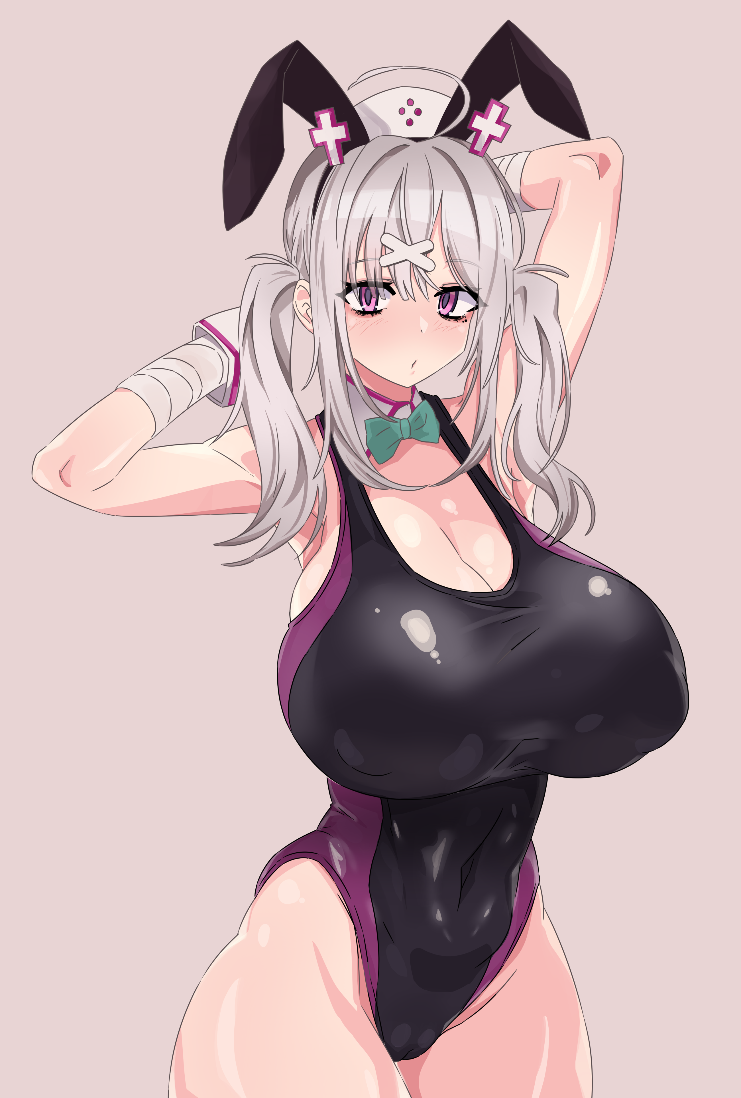 big breasts, breasts, bunny ears, competition swimsuit, double peace sign, enari, fangs, female, gloves, huge breasts, kana sukoya, light skin, light-skinned female, nijisanji, pink eyes, ponytails, sukoya kana, swimsuit, thick thighs, virtual youtuber, vtuber, white gloves, white hair