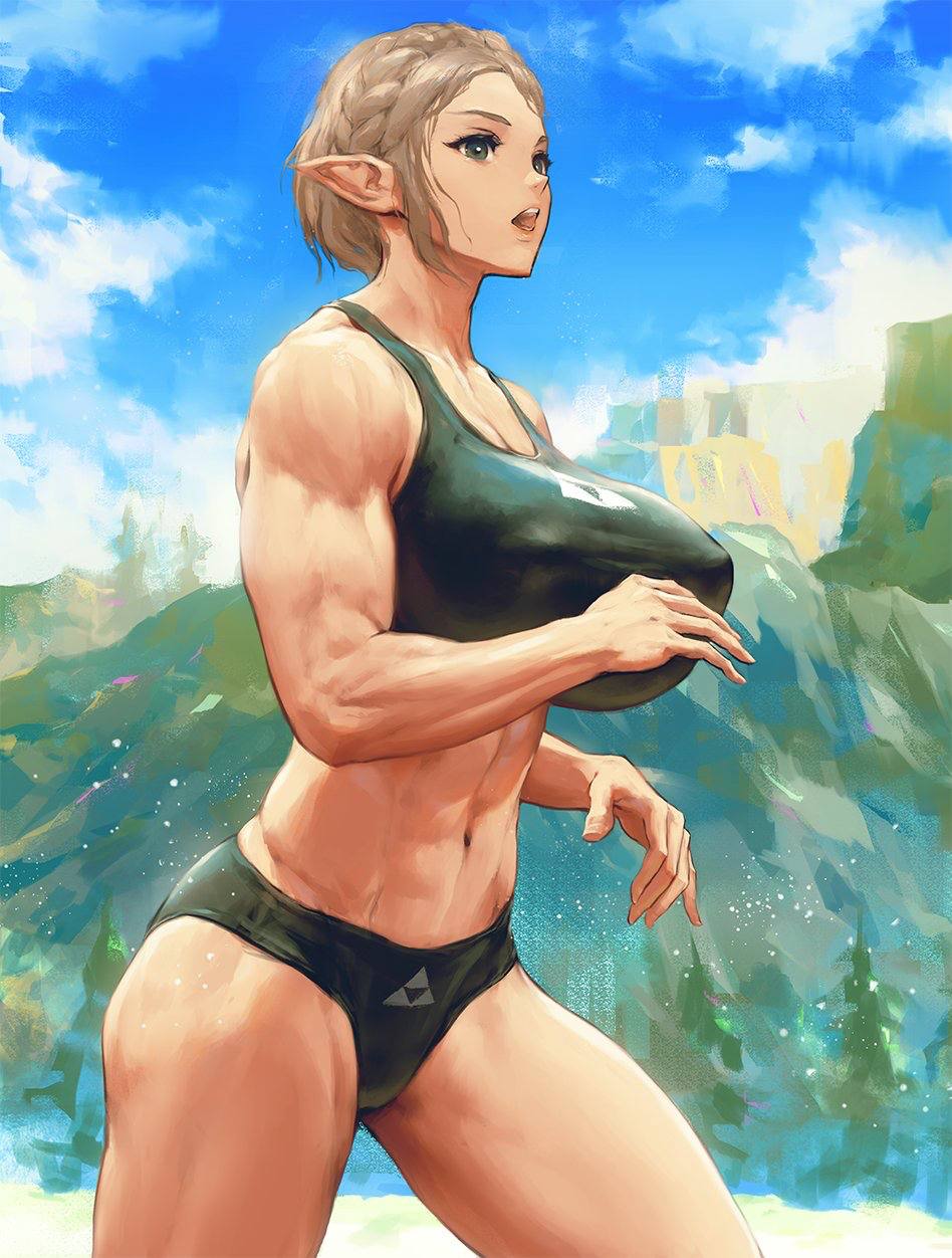 abs blonde_hair female huge_breasts infi_mt large_breasts muscular_arms muscular_female princess_zelda running solo sports_bra tears_of_the_kingdom the_legend_of_zelda thick_thighs underwear zelda_(tears_of_the_kingdom)