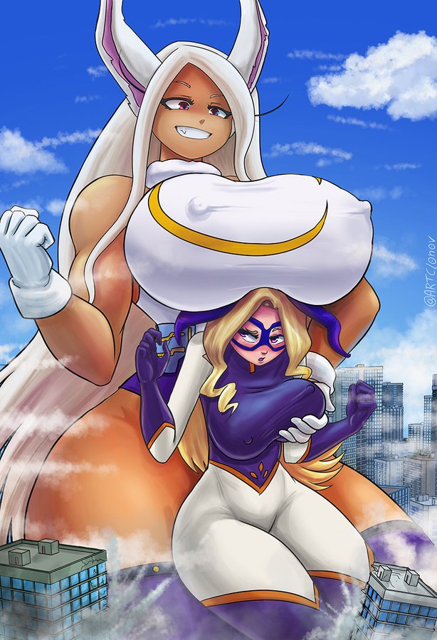 2girls artclonov blush bunny_ears city city_destruction color curvy dark-skinned_female destruction fake_horns female_only giant_couple giantess groping_from_behind growth huge_breasts larger_female leotard light-skinned_female long_hair macro massive_breasts miruko mount_lady multiple_girls muscular_female my_hero_academia nipple_bulge rumi_usagiyama size_difference skin_tight_suit smaller_female takeyama_yuu teasing thick_thighs yuu_takeyama