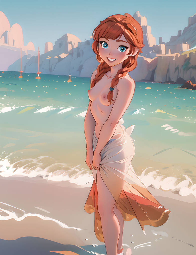 ai generated, anna (frozen), breasts, clothing, disney, disney princess, exposed, female, frozen (film), frozen 2, naked, small breasts, water