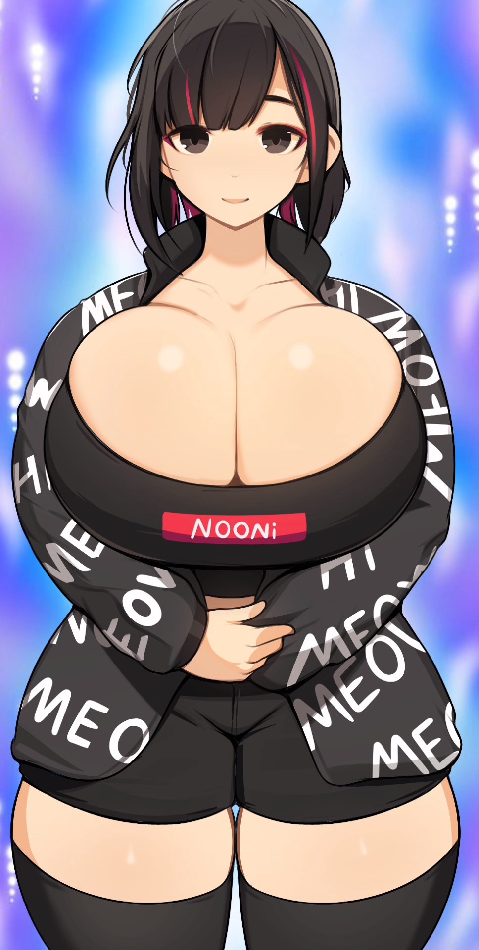 big_breasts black_hair drip edit exposed_breasts huge_breasts jacket meme multicolored_hair original original_character probablynoon sfw short_hair short_shorts thick_thighs ultra_instinct