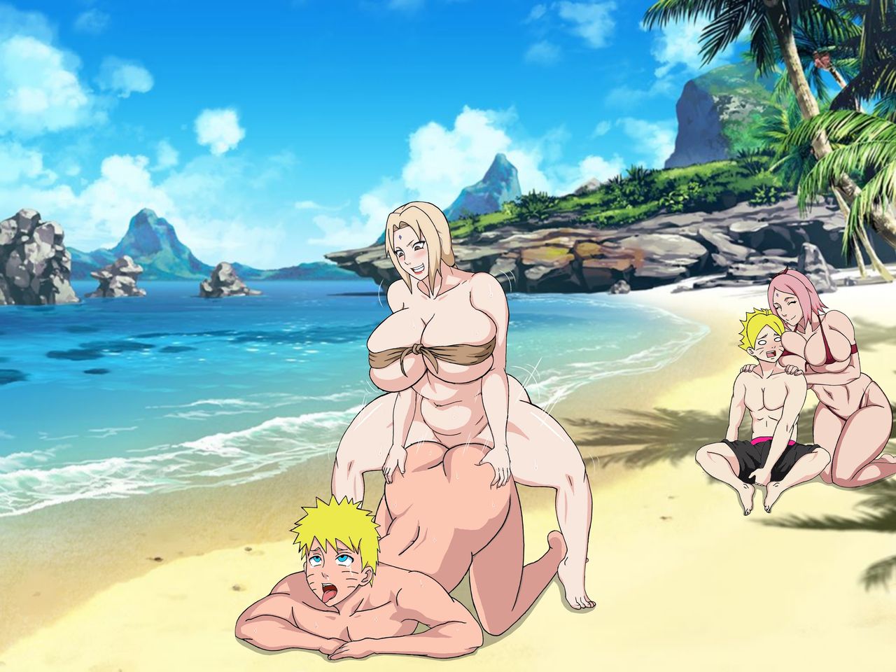 1futa, 1girls, 2boys, all fours, anal, ass, beach, bent over, big ass, big breasts, bikini, blonde hair, breasts, doggy style, female, from behind, futa on male, futanari, harem, intersex, light skin, light-skinned futa, light-skinned male, male, naruho, naruto, naruto (series), sakura haruno, sex, short hair, tagme, teacher and student, tsunade, uzumaki boruto, uzumaki naruto