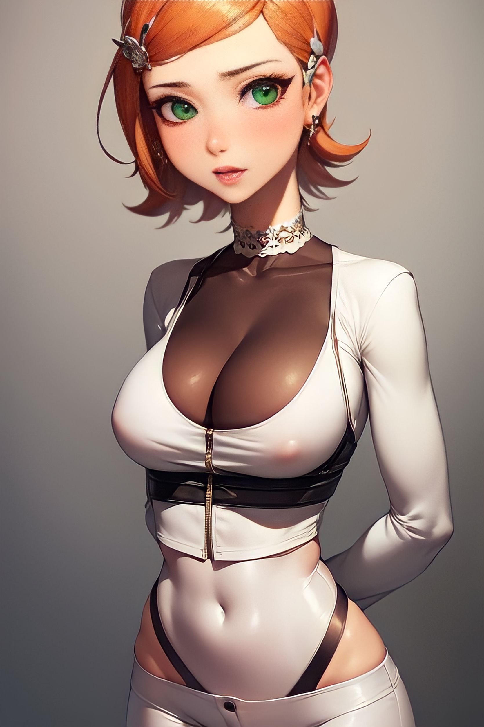 1girls, ai generated, alternate breast size, ben 10, big breasts, breasts, female, female only, green eyes, gwen tennyson, nipples visible through clothing, orange hair, short hair, solo, teenager