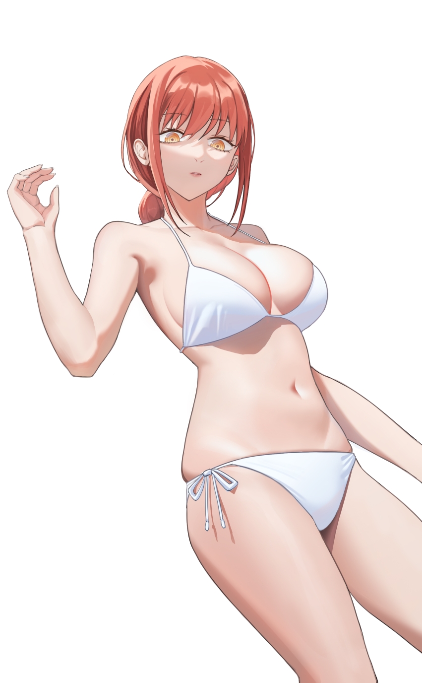 1girls, bangs, bikini, bikini bottom, bikini top, braided ponytail, breasts, chainsaw man, female, large breasts, looking down, makima (chainsaw man), navel, red hair, sidelocks, solo female, swimsuit, tagme, two-piece swimsuit, white bikini, white bikini bottom, white bikini top, white swimsuit, yellow eyes, yeming0529