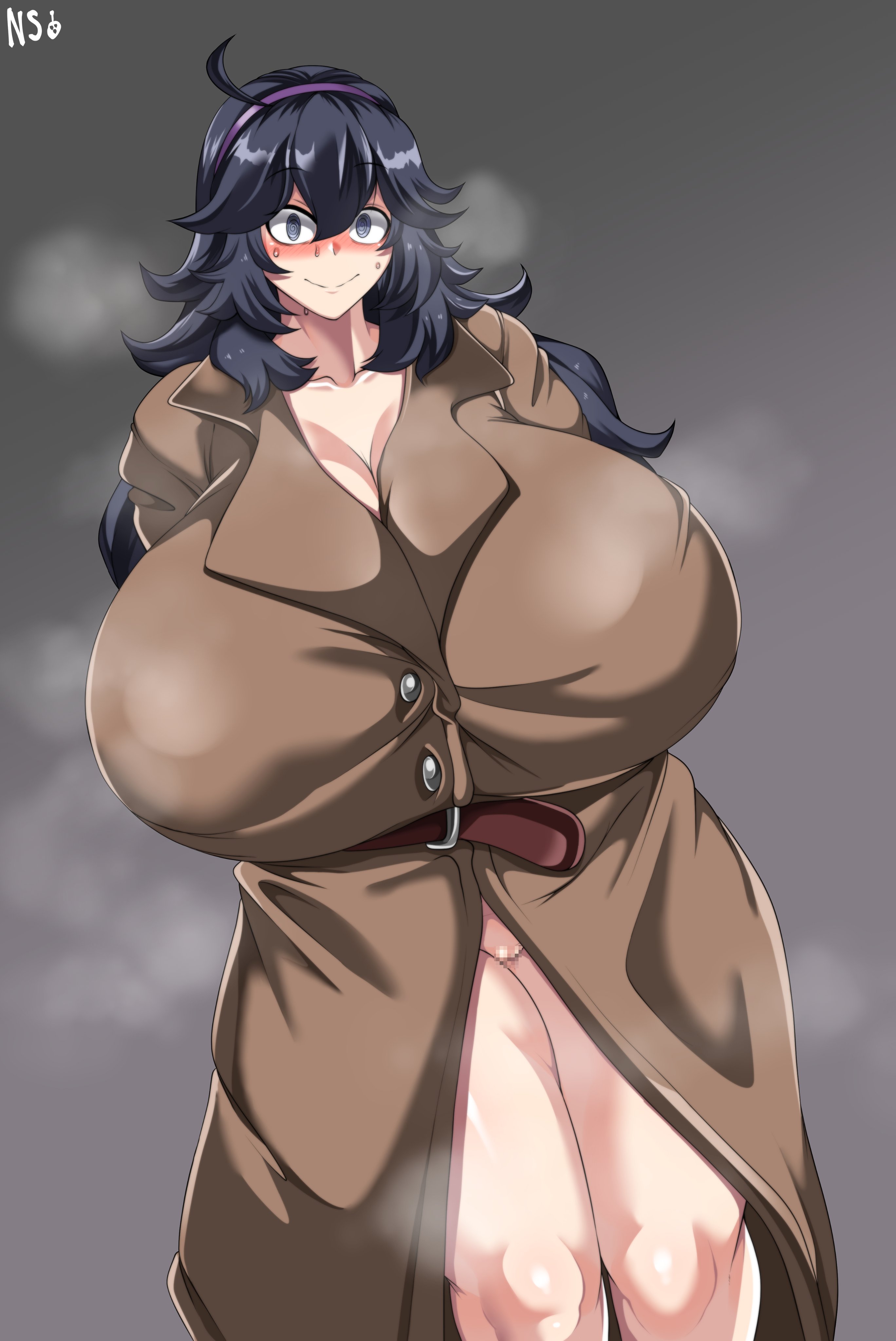 1girls, big breasts, black hair, blush, breasts, busty, coat, coat only, curvaceous, curves, curvy, curvy body, curvy female, curvy figure, dark hair, female, female only, hairbow, hex maniac, huge breasts, large breasts, light skin, light-skinned female, messy, messy hair, pokemon, steam, steaming body, steamy, tagme, thick, thick thighs, thighs