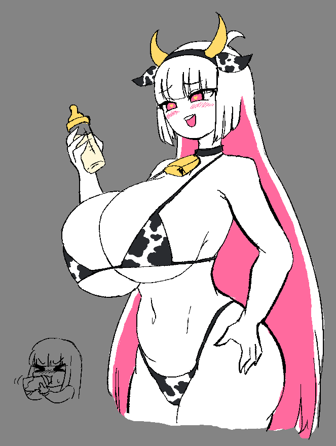 big_breasts bikini blush cow_print cow_print_bikini cowbell dracoarcto fake_animal_ears fake_horns female friday_night_funkin grey_background heart-shaped_pupils milk milk_bottle navel nikusa_(sugarratio) smile