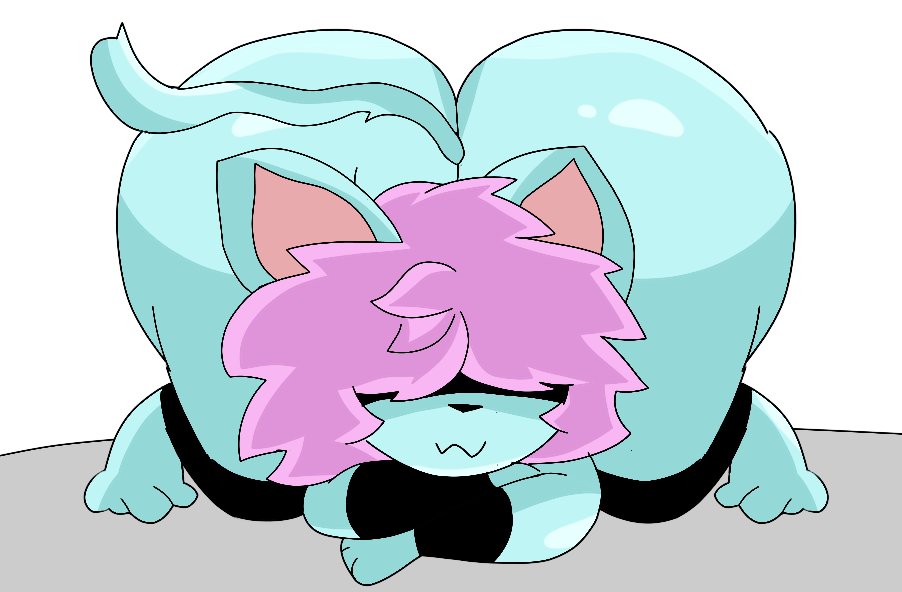 anthro ass big_ass big_butt bubble_ass bubble_butt covering_eyes cyan_fur felid feline femboy furu_flami furu_ice hair_covering_eyes huge_ass humanoid male male_only no_humans non-human non-human_only original_character pink_hair simple_background thick_thighs white_background wide_hips