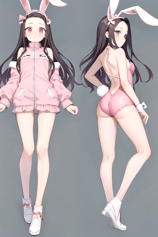 1girls, ai generated, black hair, bunny ears, bunny girl, bunny tail, bunnysuit, demon slayer, female, female only, kamado nezuko, kimetsu no yaiba, long hair, pink eyes, solo