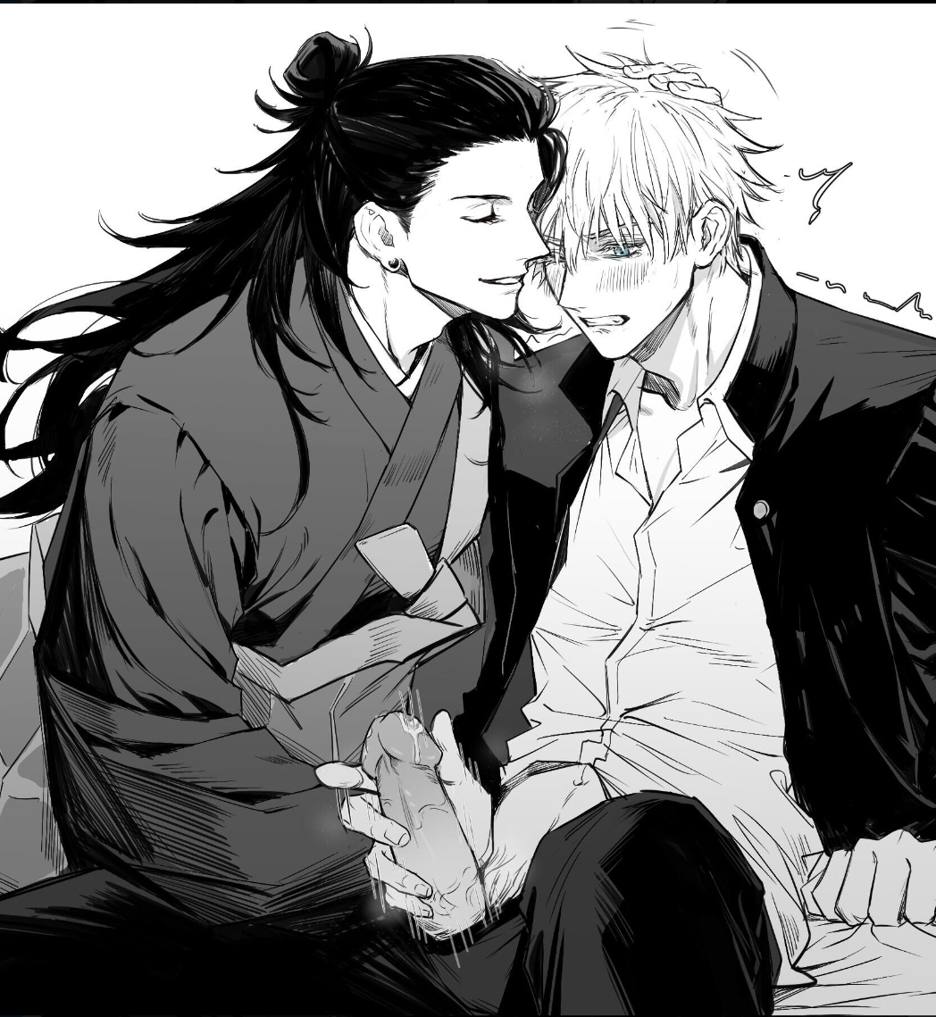 2boys, adult, adult and teenager, bangs, black hair, blush, cum, earrings, gay, gay sex, genital fluids, jujutsu kaisen, kimono, male, male only, male/male, masturbation, monochrome, multiple boys, nino84391425, orgasm, precum, satoru gojo, suguru geto, teacher, teacher and student, teeth, white hair, yaoi, young, younger male