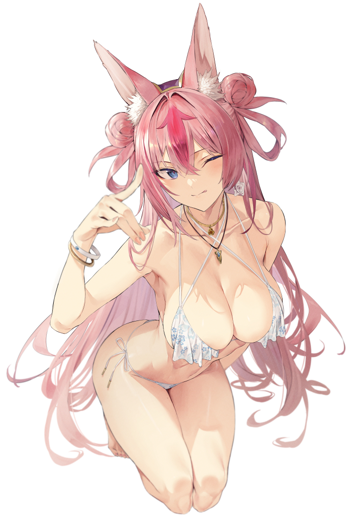 animal_ear_fluff animal_ears bare_shoulders big_breasts bikini blue_eyes blush bracelet breasts cleavage closed_mouth collarbone double_bun female full_body hair_bun hand_up hiiragi_yuuichi indie_virtual_youtuber jewelry large_breasts leaning_forward long_hair looking_at_viewer one_eye_closed pink_hair side-tie_bikini simple_background smile solo swimsuit thighs virtual_youtuber white_background white_bikini