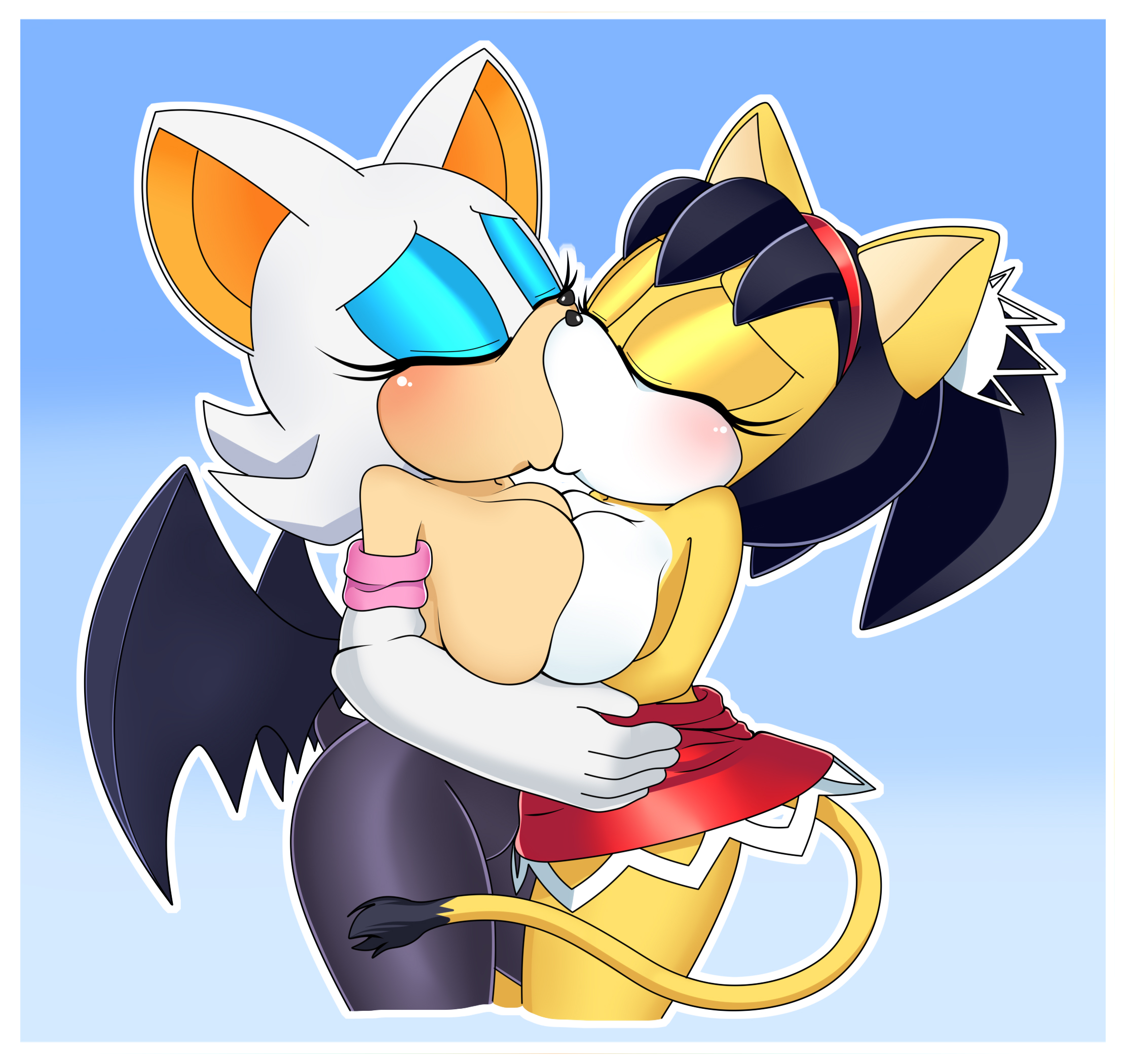 2023, 2girls, anthro, anthro on anthro, bat, big breasts, blush, breast press, breasts, breasts pressed together, closed eyes, feline, female, female only, female/female, honey the cat, interspecies, kissing, large breasts, lluanhyperzero, multiple females, multiple girls, pressing breasts together, rouge the bat, sega, sonic (series), tagme, tail, wings, yuri