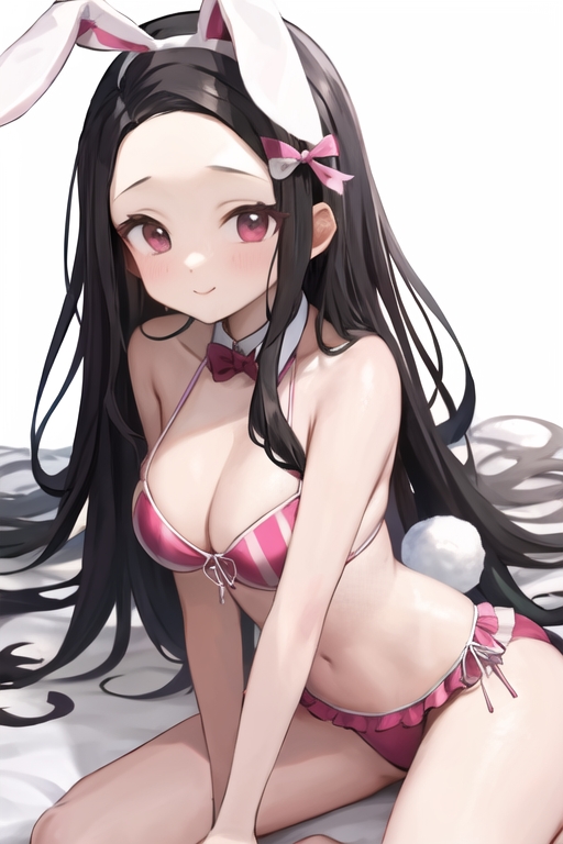 1girls, ai generated, bikini, black hair, bunny ears, bunny tail, demon slayer, female, kamado nezuko, kimetsu no yaiba, long hair, pink eyes, solo female