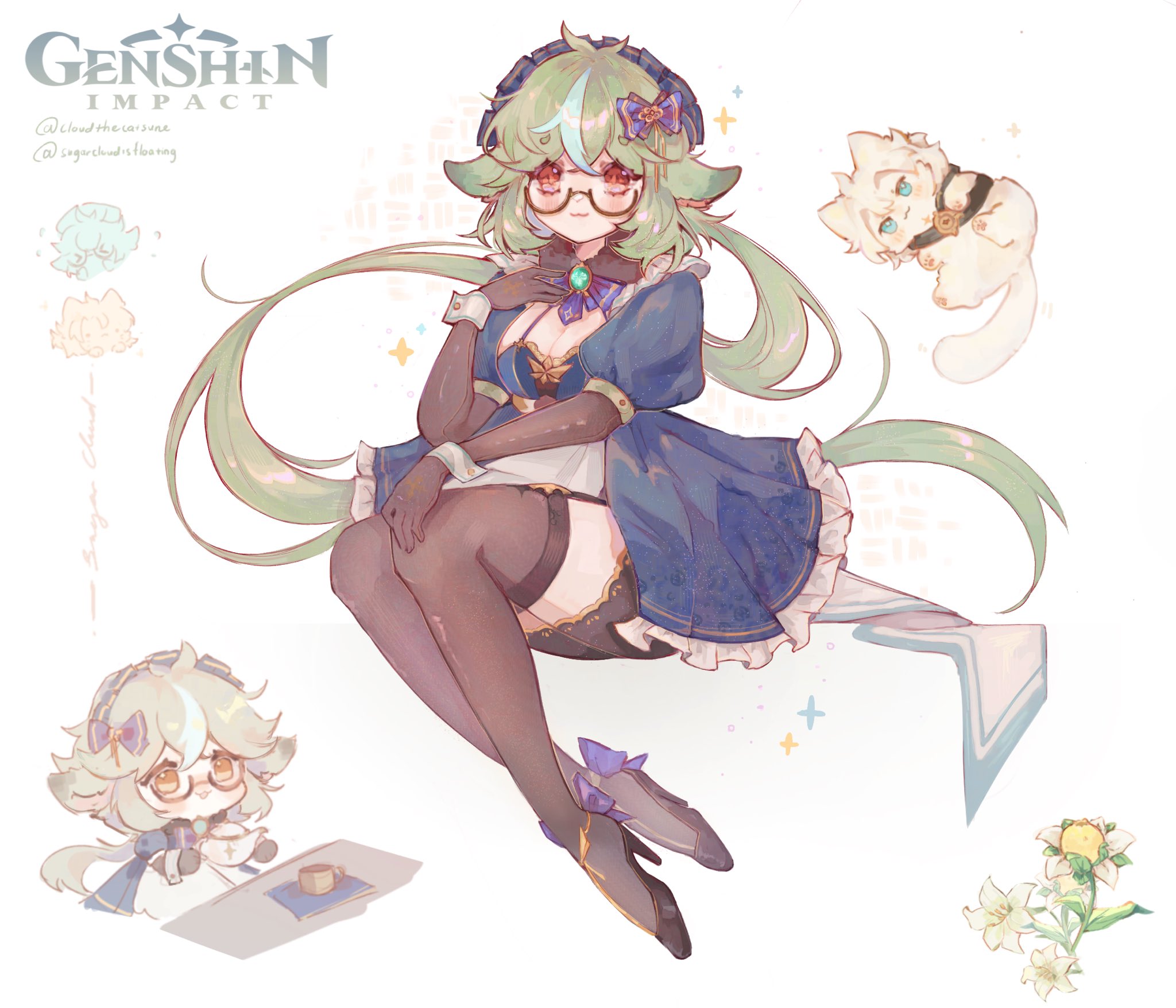 1girls, albedo (genshin impact), bangs, cleavage, eyewear, feline, female, female focus, female only, genshin impact, glasses, gloves, green hair, legwear, long hair, sucrose (genshin impact), thighhighs