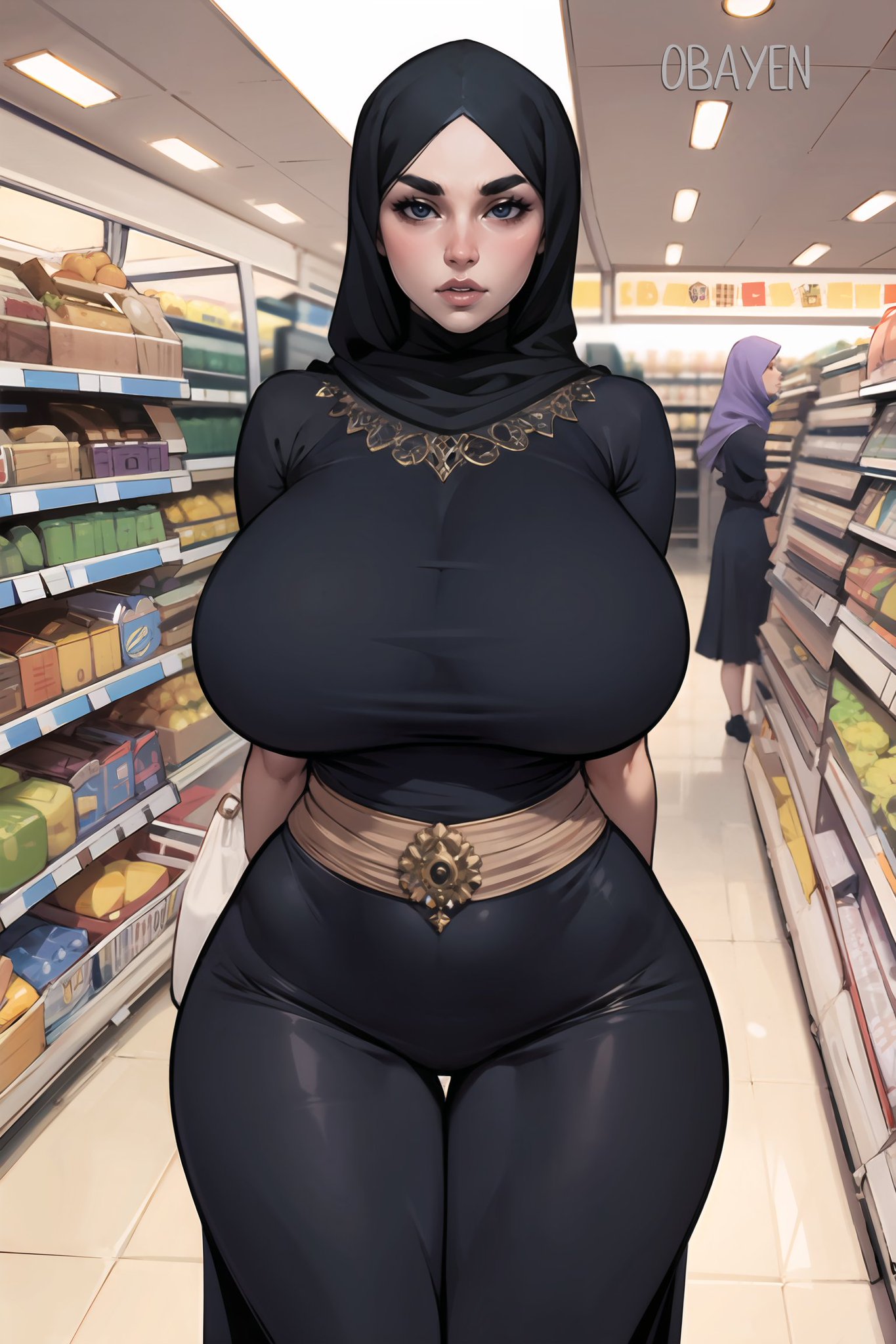 1girls, ai generated, arabian, arabian clothes, arabian female, breasts, female, female focus, female only, hijab, huge breasts, large breasts, mature female, middle eastern, muslim, muslim female, obayen, original, original character, plump lips, sagging breasts, stable diffusion, voluptuous, voluptuous female