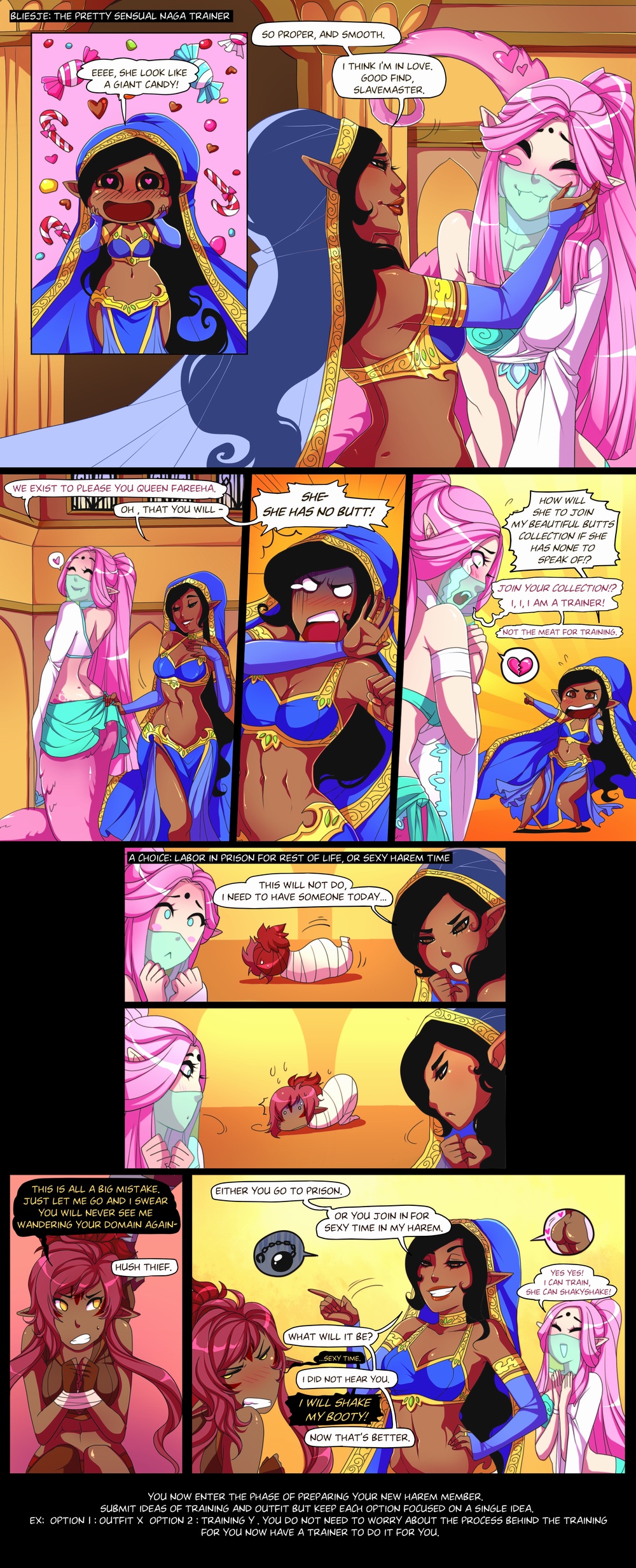 3girls arabian_clothes ass ball_and_chain black_hair bound caressing_face comic comic_page cute dark-skinned_female dark_elf elf fingerless_gloves harem lamia light-skinned_female lunareth monster_girl multiple_girls naga navel no_sex original original_character pink_hair pointy_ears ponytail red_hair royalty teal_eyes veil yellow_eyes