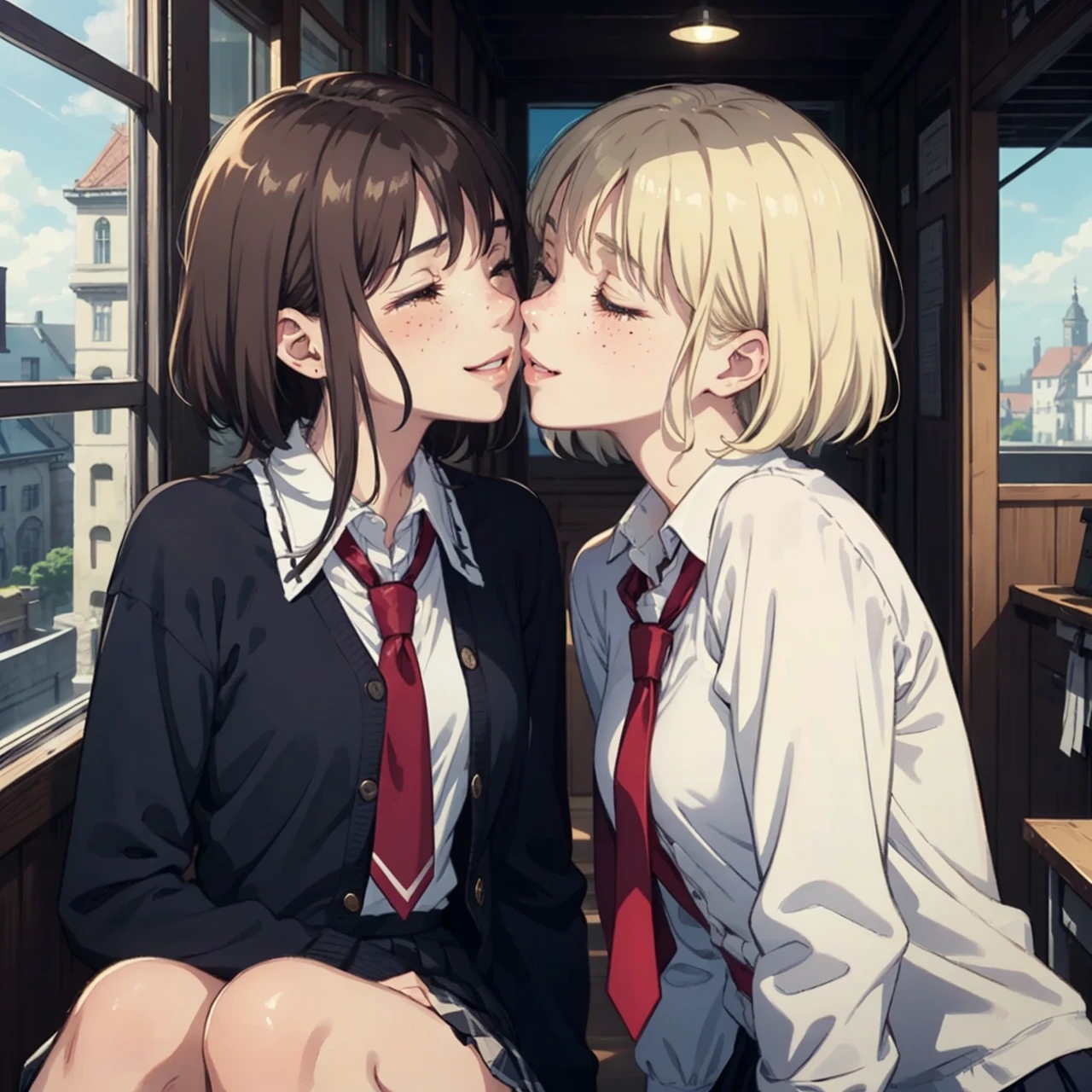 2girls, ai generated, amandine weisshorn, black jacket, blonde hair, brown hair, classroom, closed eyes, enjuuji, female, happy, imminent kiss, lauran hesselberg, necktie, school uniform, skirt, smile, smiling, white shirt, window, yuri