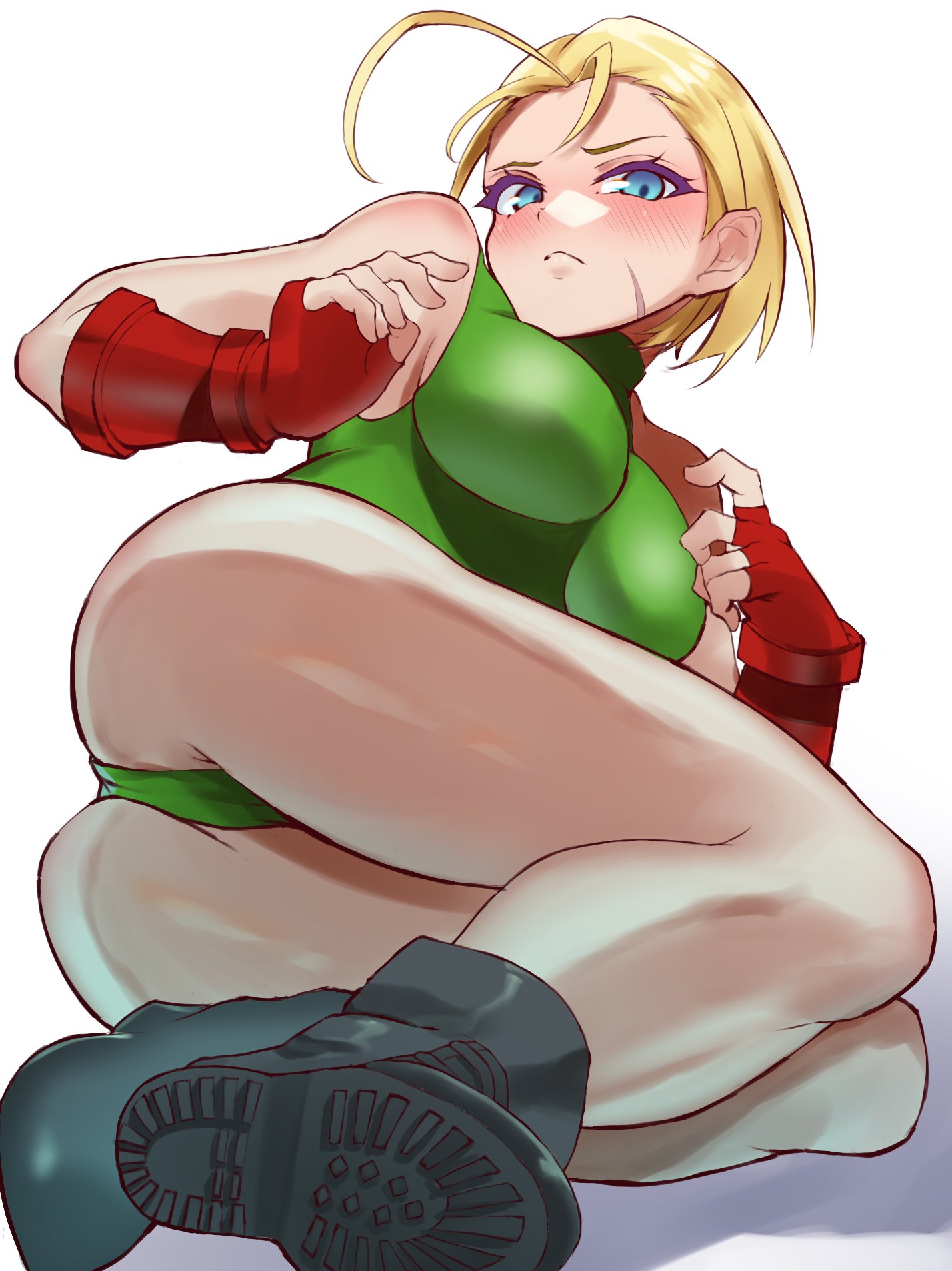 1girls alternate_costume ass bare_shoulders blonde_hair blue_eyes blush boots breasts cammy_white female female_only fingerless_gloves gloves highres large_breasts leotard sato_one1 short_hair sleeveless solo street_fighter street_fighter_6