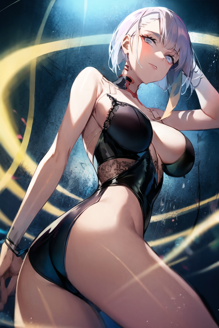 ai generated, big breasts, black lingerie, breasts, cyberpunk 2077, cyberpunk: edgerunners, female, lace lingerie, lingerie, lucyna kushinada, short hair