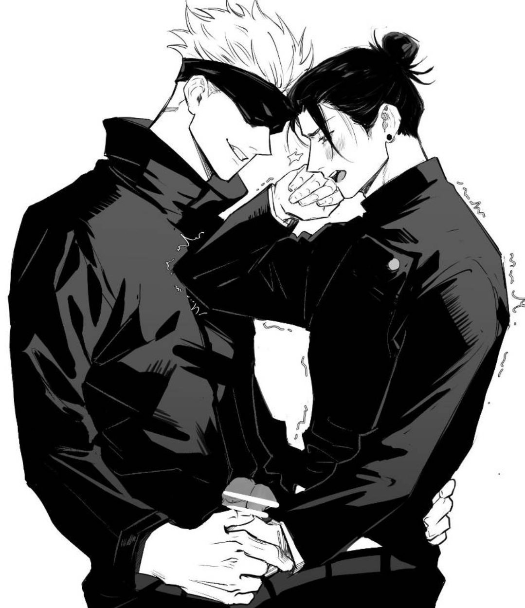 2boys, adult, adult and teenager, bangs, black hair, blush, cum, earrings, gay, gay sex, genital fluids, jujutsu kaisen, kimono, male, male only, male/male, masturbation, monochrome, multiple boys, nino84391425, orgasm, precum, satoru gojo, suguru geto, teacher, teacher and student, teeth, white hair, yaoi, young, younger male