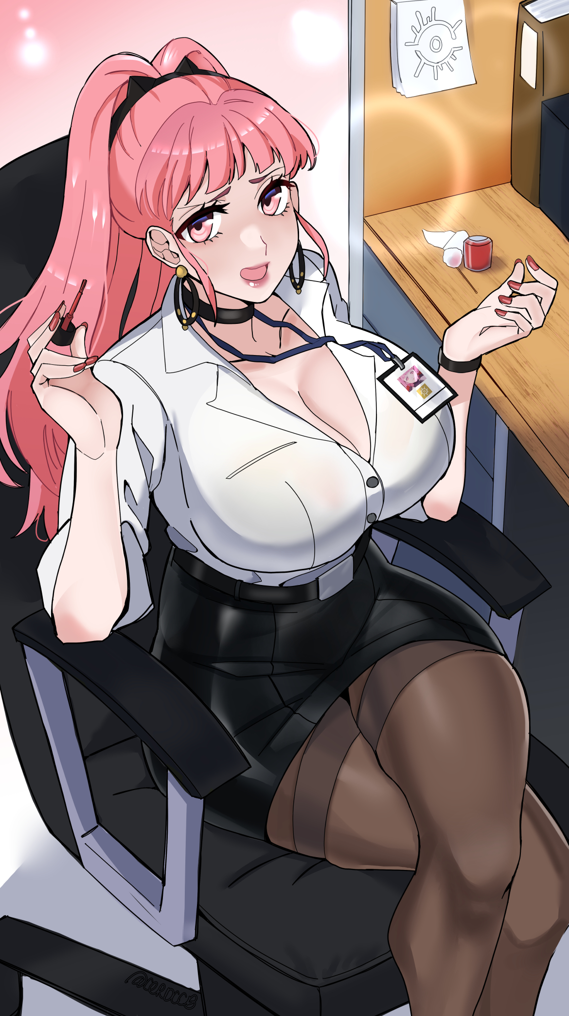 1girls, alternate costume, blunt bangs, bracelet, breasts, busty, ceroccb, choker, cleavage, crest (fe3h), crossed legs, earrings, female, female only, fire emblem, fire emblem: three houses, highres, hilda valentine goneril, hoop earrings, huge breasts, jewelry, lipstick, looking at viewer, nail polish, nintendo, office, office lady, open mouth, painted nails, pantyhose, pink eyes, pink hair, ponytail, red nails, sitting, skirt, solo, tongue, twintails, twitter username, watermark