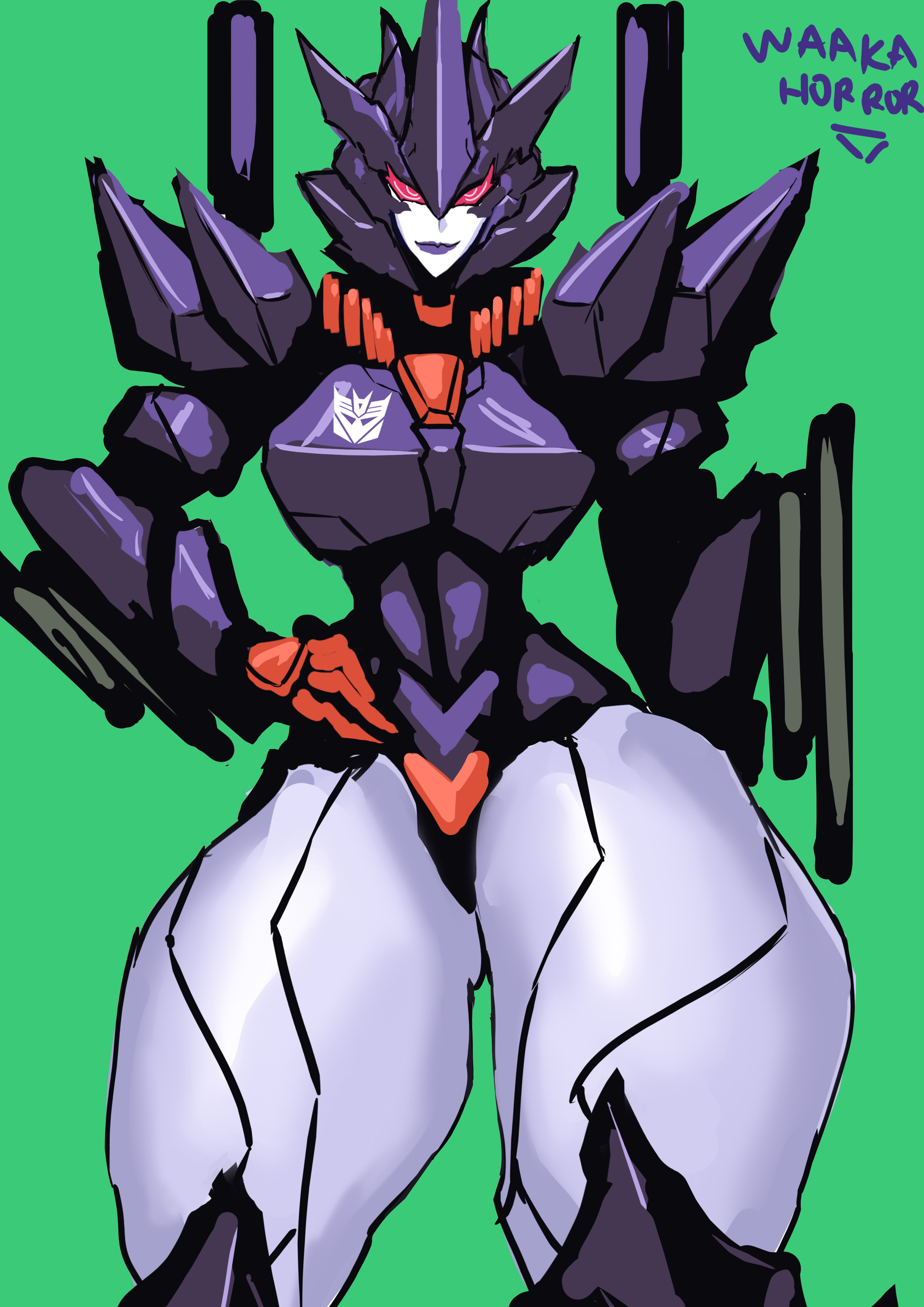 1girls, alien, alien female, alien girl, alien humanoid, armor, armored female, big breasts, breasts, cybertronian, decepticon, female, female only, oc, original character, red eyes, solo, thick thighs, transformers, waaka horror
