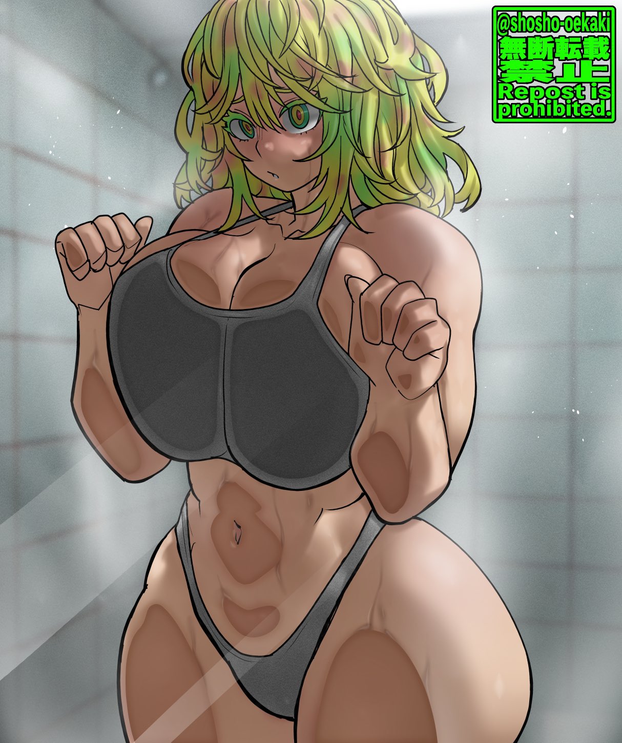 1girls, against glass, ass, big ass, big breasts, big butt, big thighs, breast press, breasts, cute, female, green hair, green-haired female, hagakure tooru, hagakure tooru (visible), looking at viewer, mirror, muscular, muscular female, my hero academia, pressing breasts, shosho oekaki, shounen jump, solo, sports bra, sports panties, tagme, thick thighs, thighs, tooru hagakure, tooru hagakure (visible)